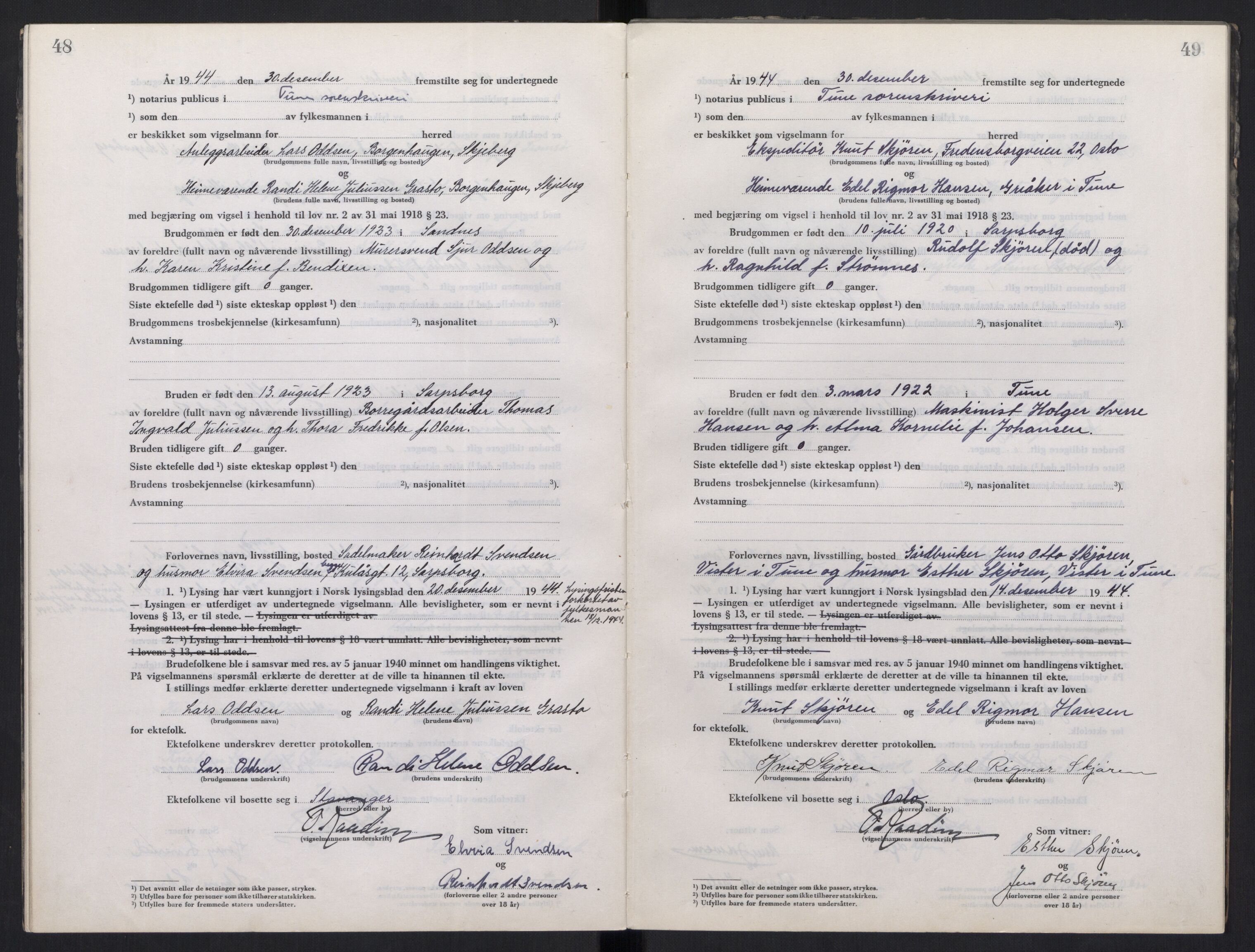 Tune sorenskriveri, AV/SAO-A-10470/L/Lb/L0003: Vigselprotokoll, 1944-1951, s. 48-49