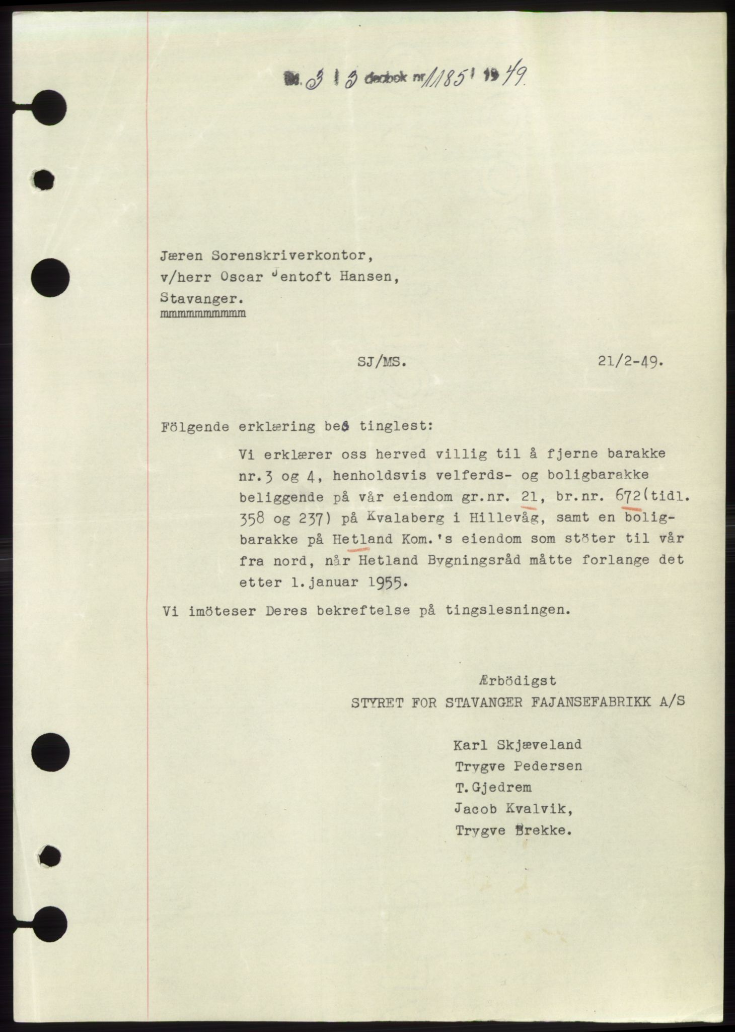 Jæren sorenskriveri, SAST/A-100310/03/G/Gba/L0102: Pantebok, 1949-1949, Dagboknr: 1185/1949