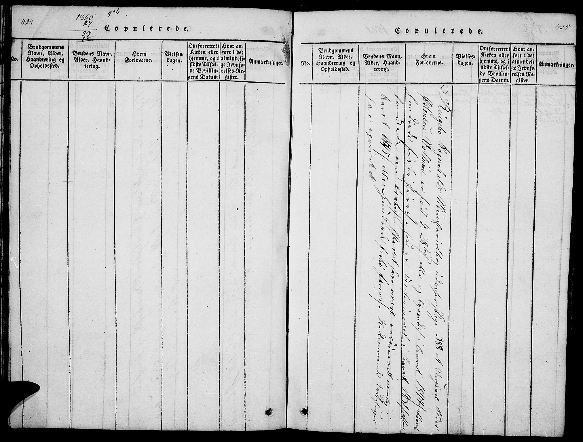 Ringebu prestekontor, AV/SAH-PREST-082/H/Ha/Hab/L0001: Klokkerbok nr. 1, 1821-1839, s. 424-425