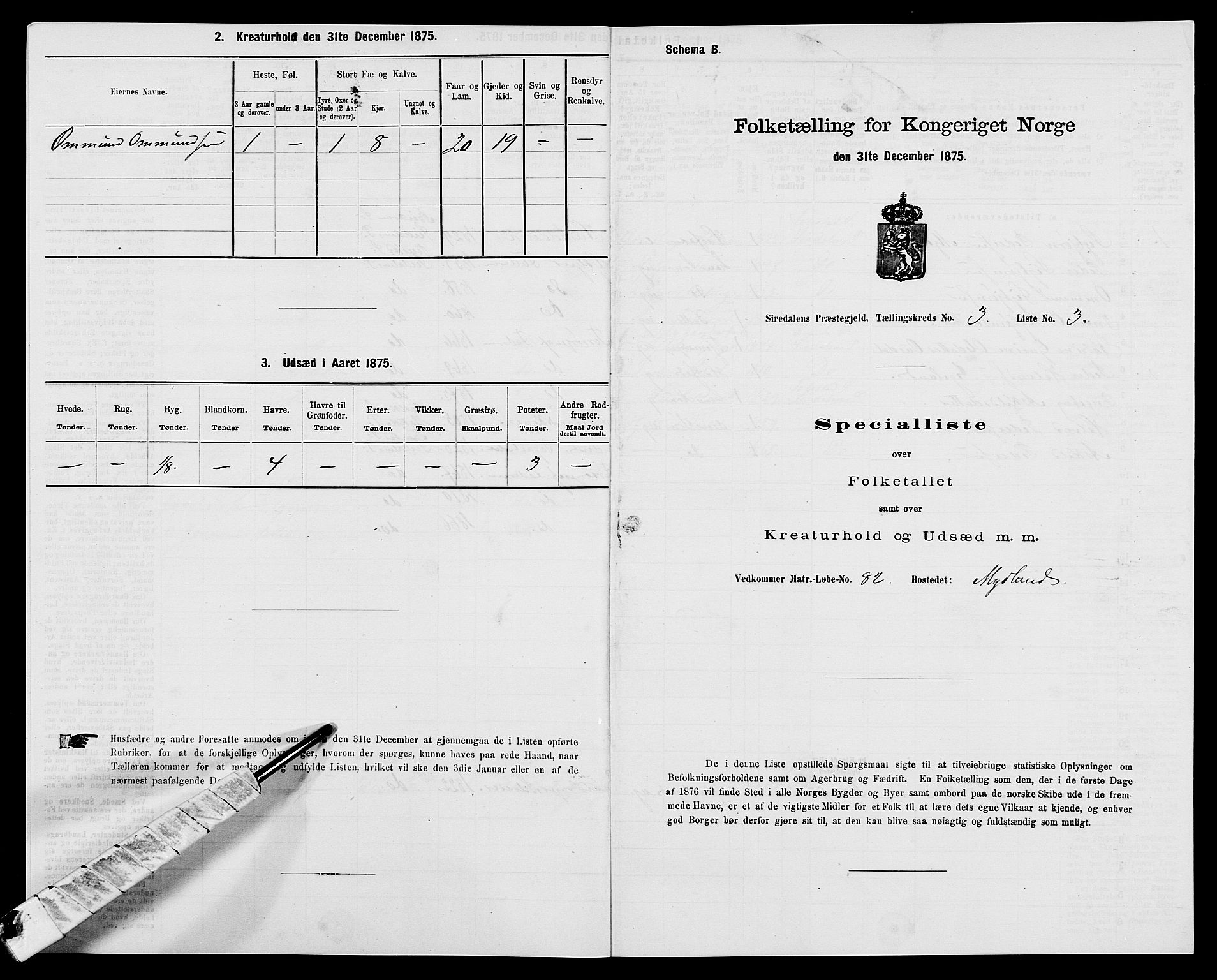 SAK, Folketelling 1875 for 1046P Sirdal prestegjeld, 1875, s. 280