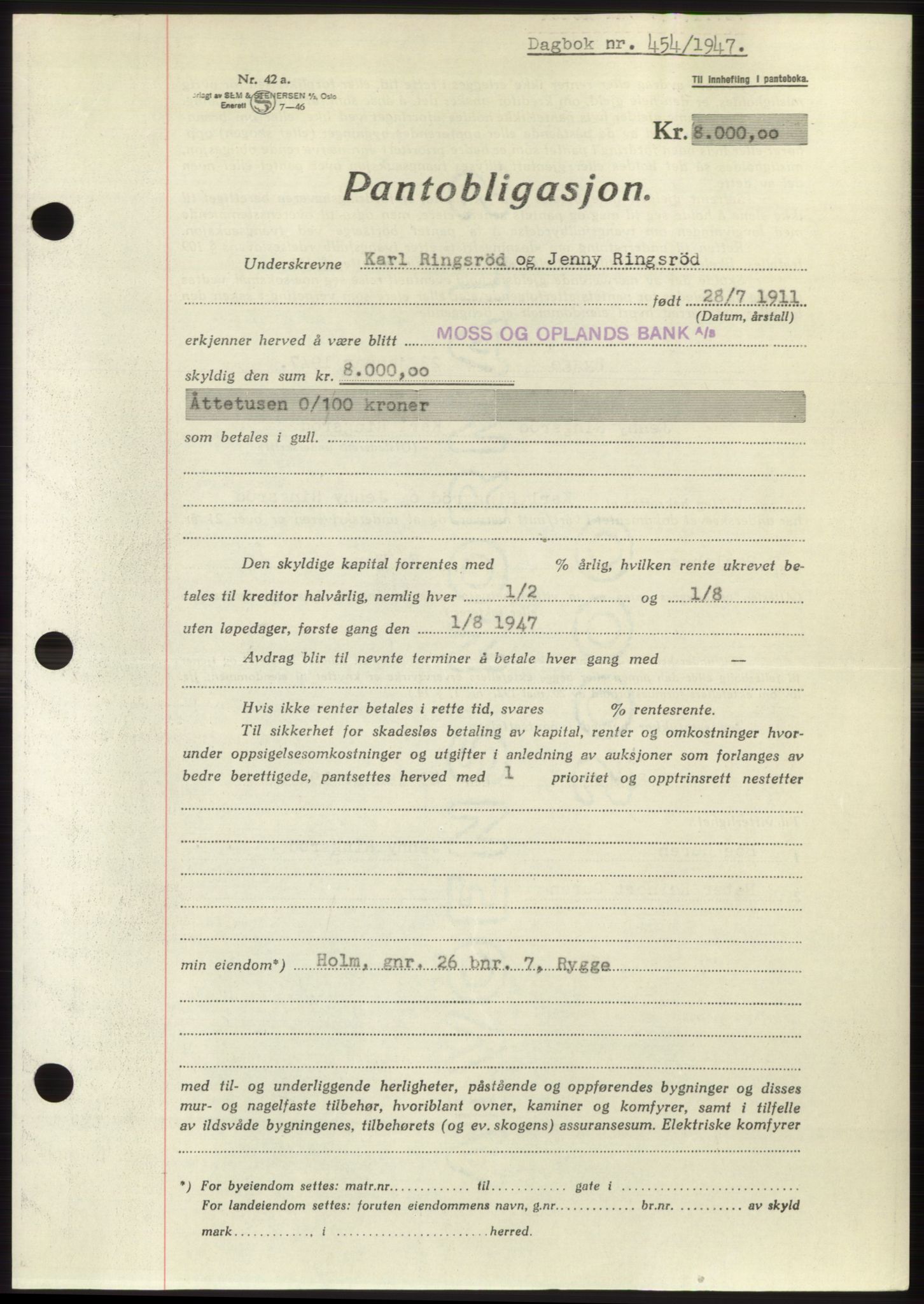 Moss sorenskriveri, SAO/A-10168: Pantebok nr. B16, 1946-1947, Dagboknr: 454/1947