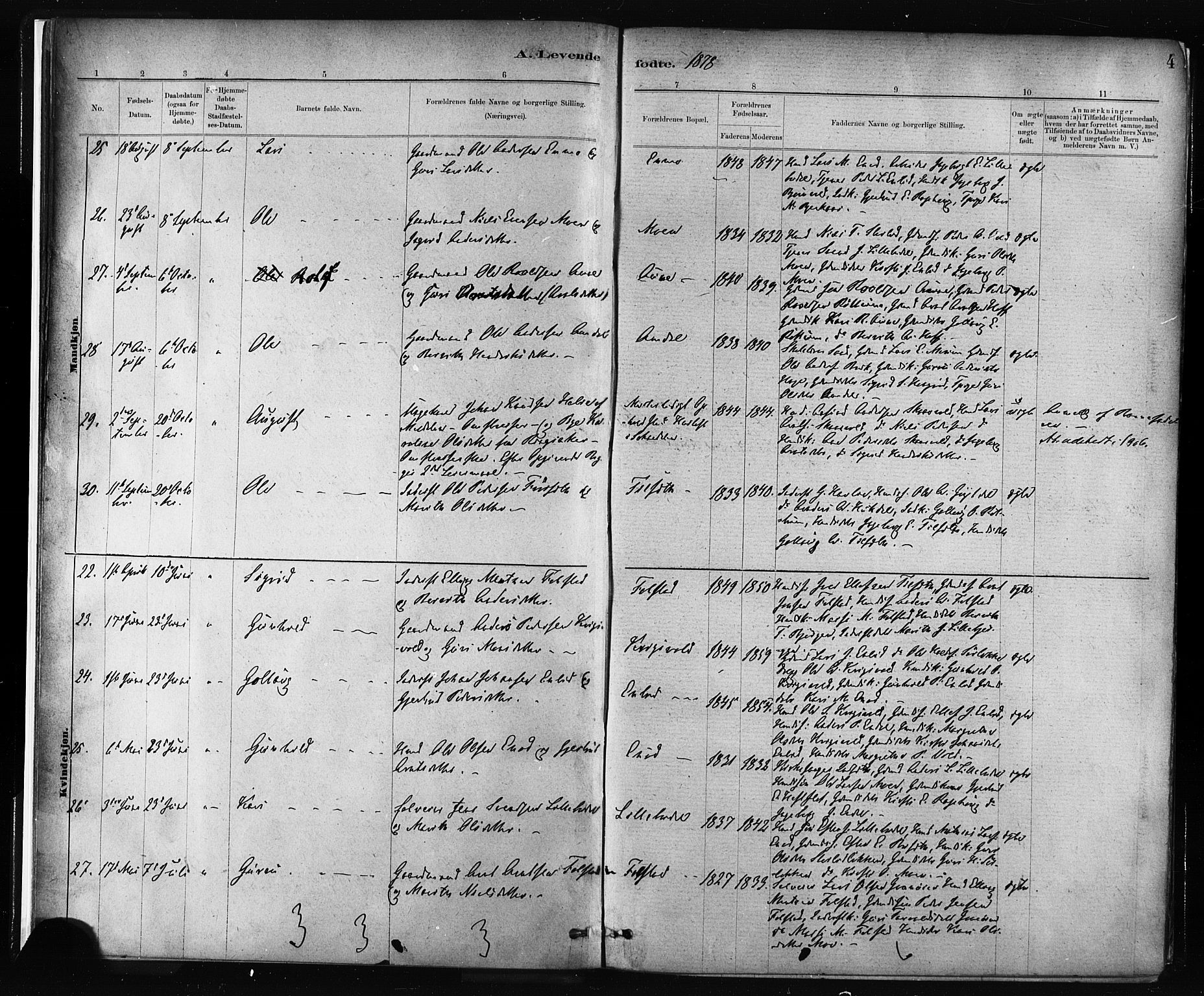 Ministerialprotokoller, klokkerbøker og fødselsregistre - Sør-Trøndelag, SAT/A-1456/687/L1002: Ministerialbok nr. 687A08, 1878-1890, s. 4