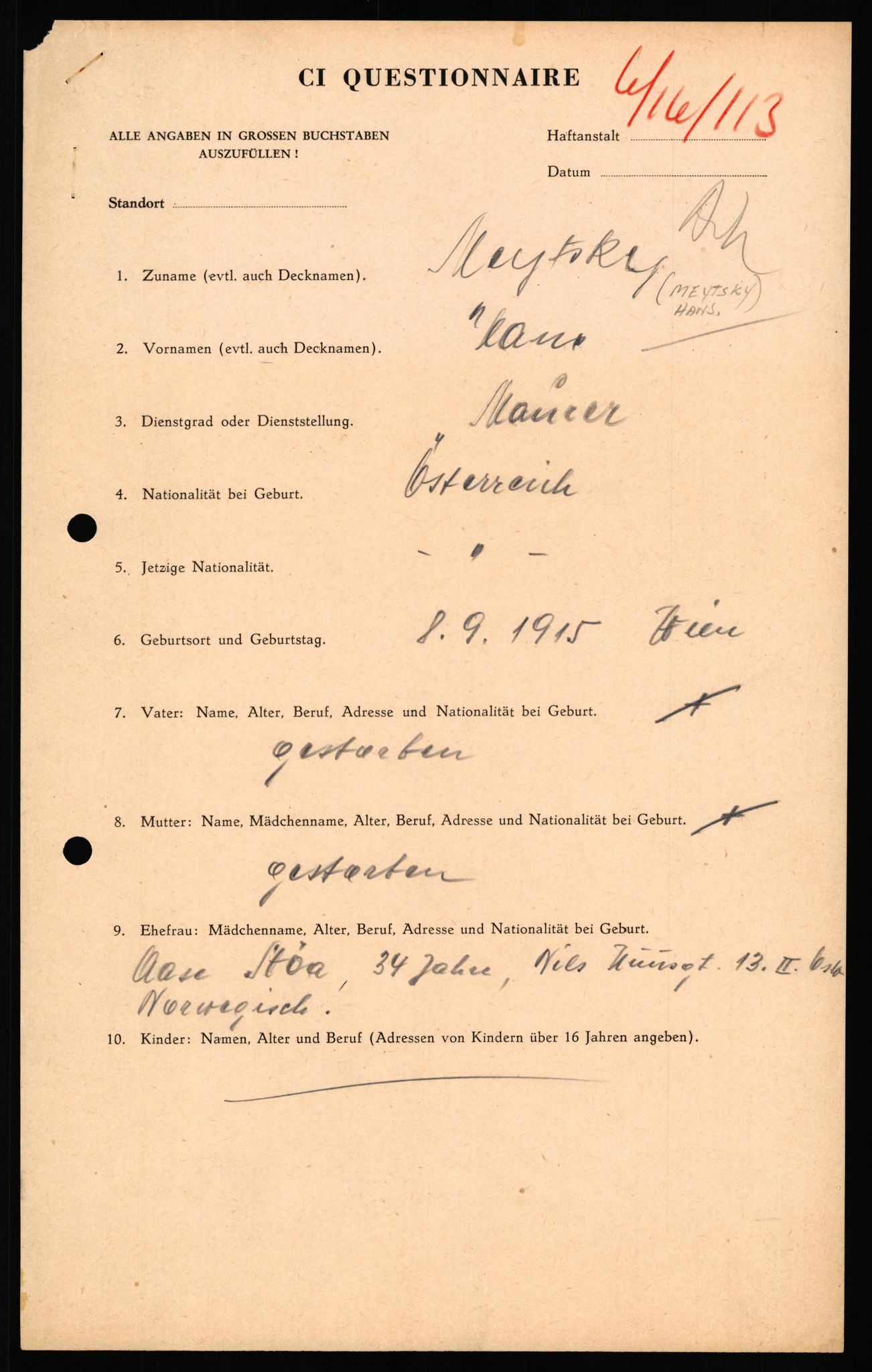 Forsvaret, Forsvarets overkommando II, AV/RA-RAFA-3915/D/Db/L0039: CI Questionaires. Tyske okkupasjonsstyrker i Norge. Østerrikere., 1945-1946, s. 434