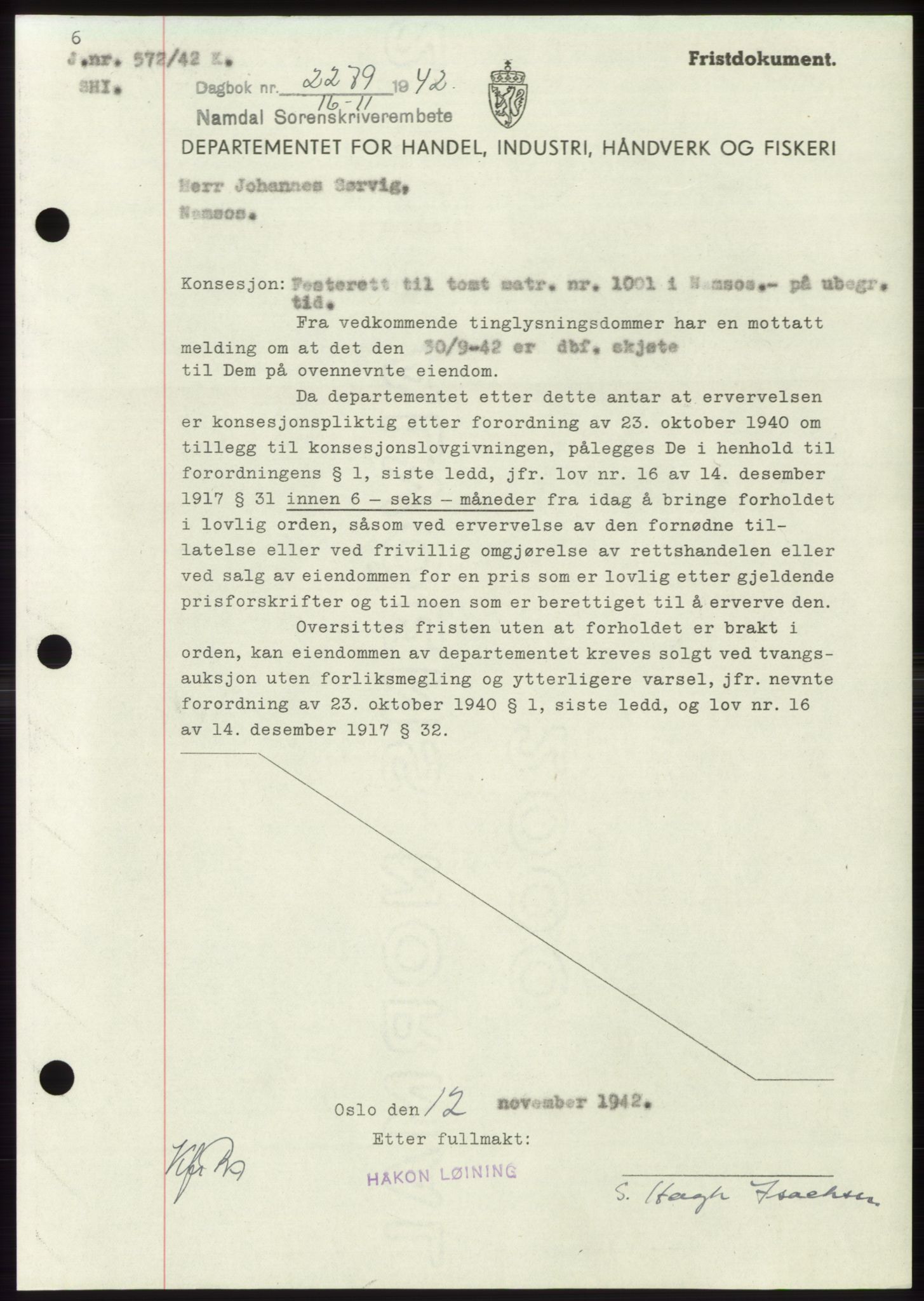 Namdal sorenskriveri, SAT/A-4133/1/2/2C: Pantebok nr. -, 1942-1943, Dagboknr: 2279/1942