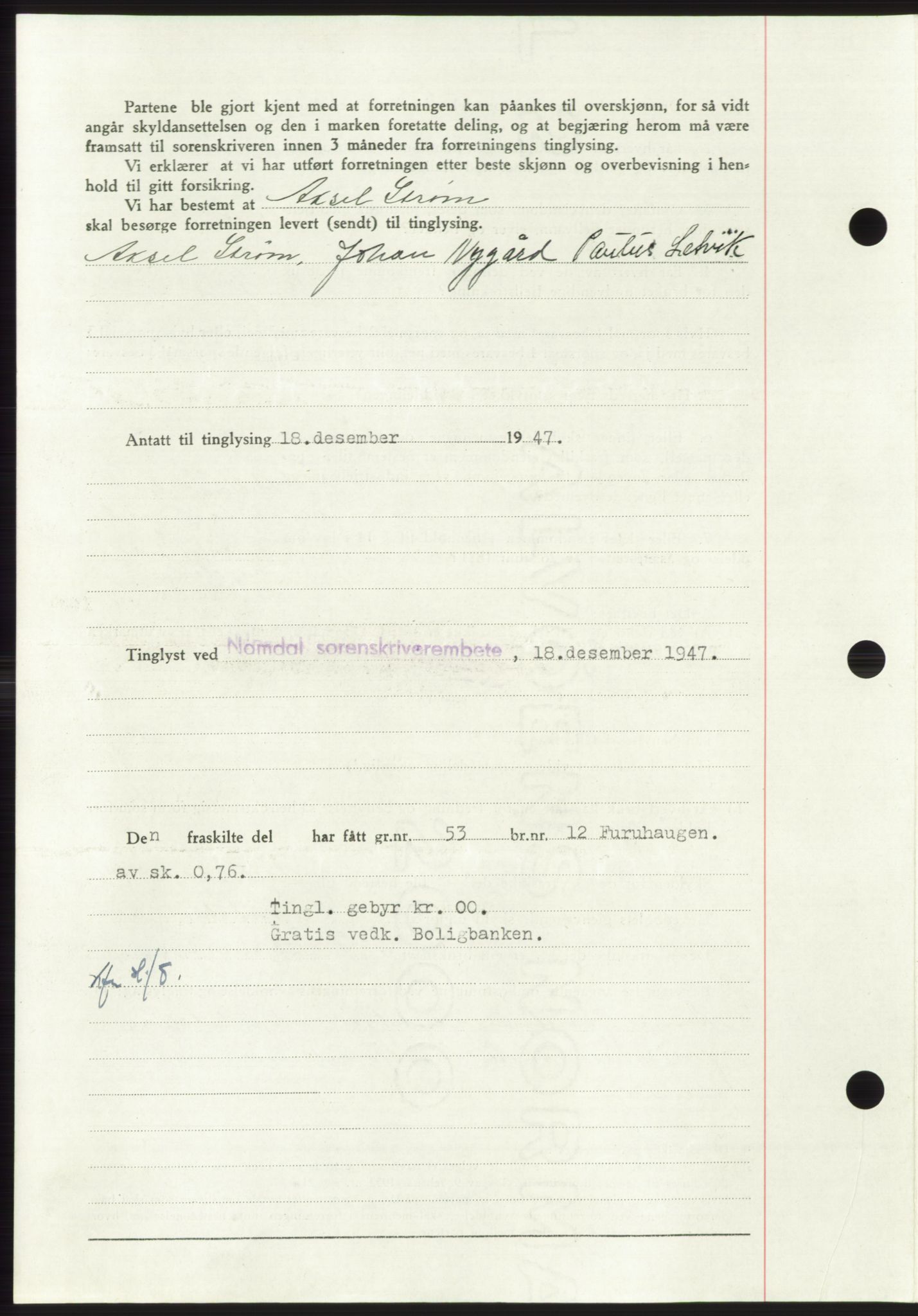 Namdal sorenskriveri, SAT/A-4133/1/2/2C: Pantebok nr. -, 1947-1948, Dagboknr: 2841/1947