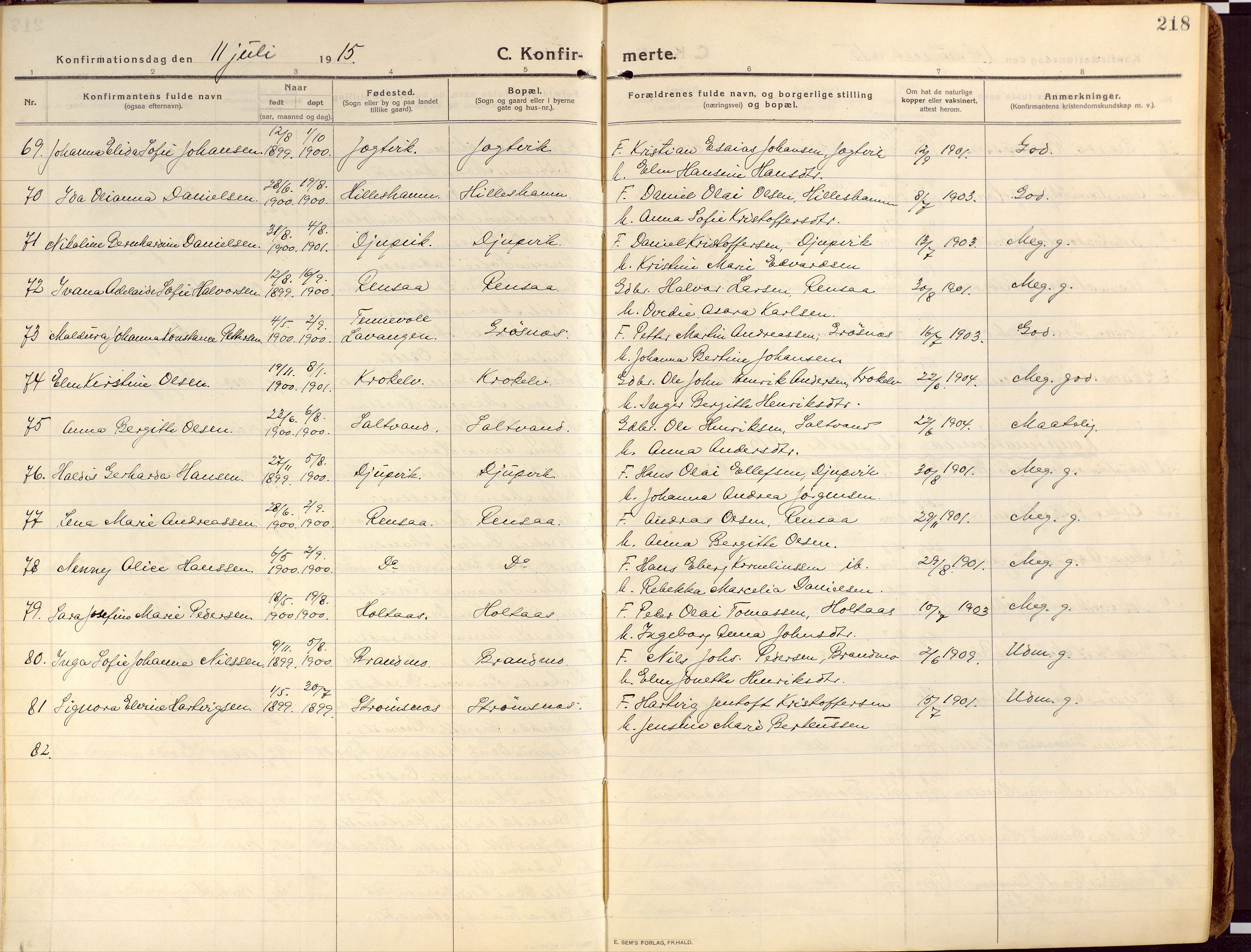 Ibestad sokneprestembete, AV/SATØ-S-0077/H/Ha/Haa/L0018kirke: Ministerialbok nr. 18, 1915-1929, s. 218
