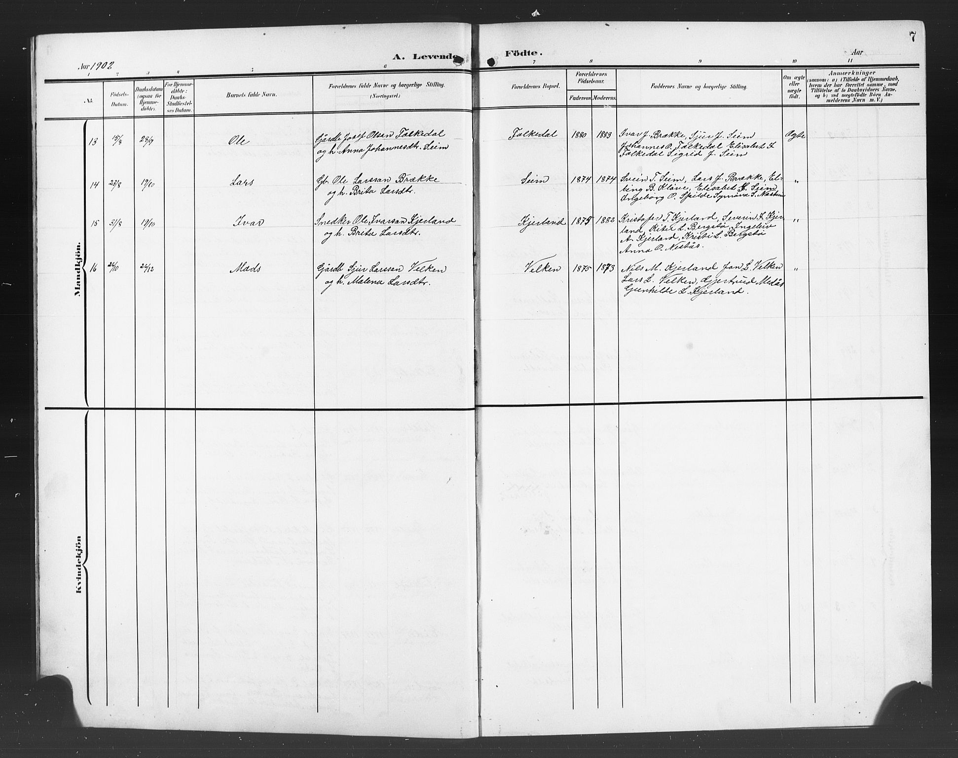 Ulvik sokneprestembete, AV/SAB-A-78801/H/Hab: Klokkerbok nr. B 4, 1902-1923, s. 7