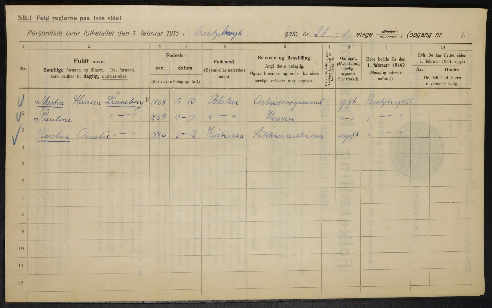 OBA, Kommunal folketelling 1.2.1915 for Kristiania, 1915, s. 3546