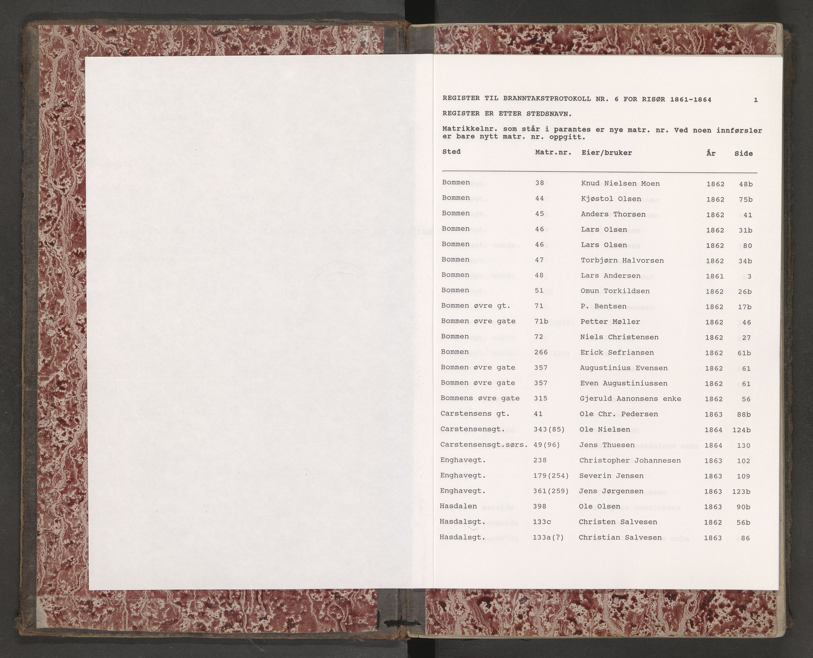Norges Brannkasse Risør, AV/SAK-2241-0043/F/Fa/L0007: Branntakstprotokoll nr. 6 med gatenavnsregister, 1861-1864