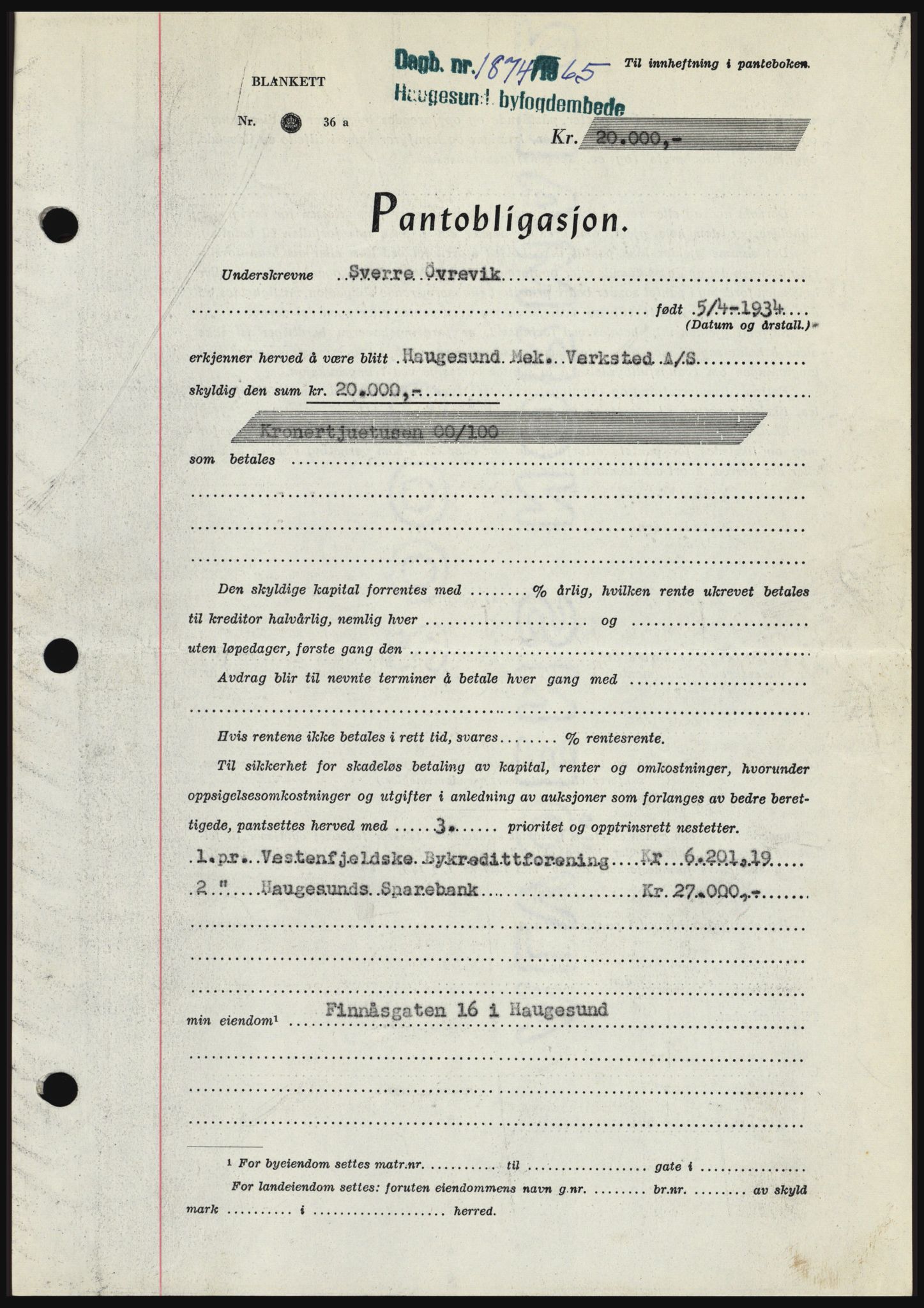 Haugesund tingrett, SAST/A-101415/01/II/IIC/L0053: Pantebok nr. B 53, 1965-1965, Dagboknr: 1874/1965