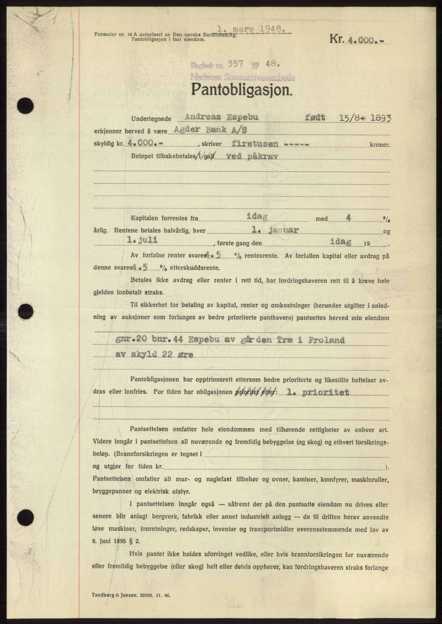 Nedenes sorenskriveri, AV/SAK-1221-0006/G/Gb/Gbb/L0005: Pantebok nr. B5, 1948-1948, Dagboknr: 357/1948