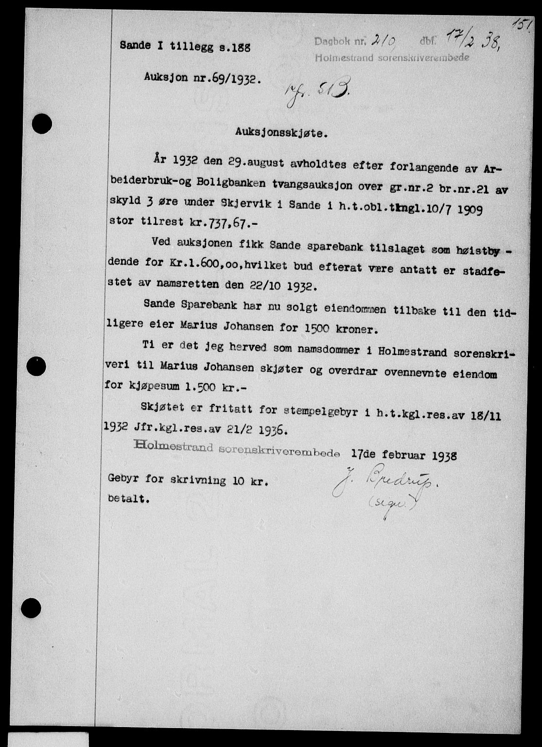 Holmestrand sorenskriveri, SAKO/A-67/G/Ga/Gaa/L0049: Pantebok nr. A-49, 1937-1938, Dagboknr: 210/1938
