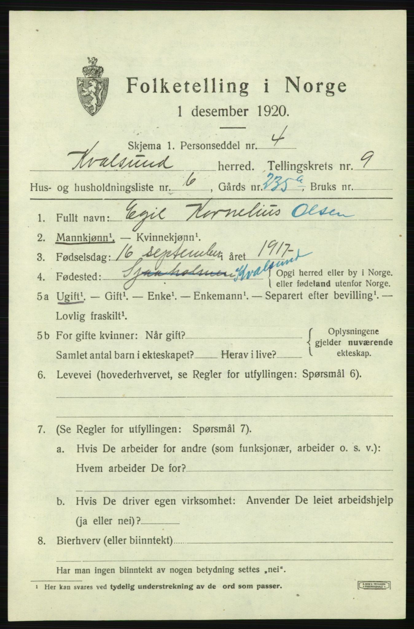 SATØ, Folketelling 1920 for 2017 Kvalsund herred, 1920, s. 2836