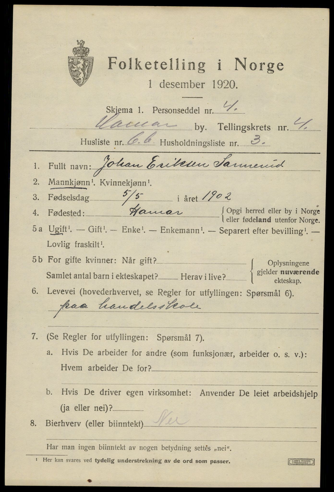 SAH, Folketelling 1920 for 0401 Hamar kjøpstad, 1920, s. 8093
