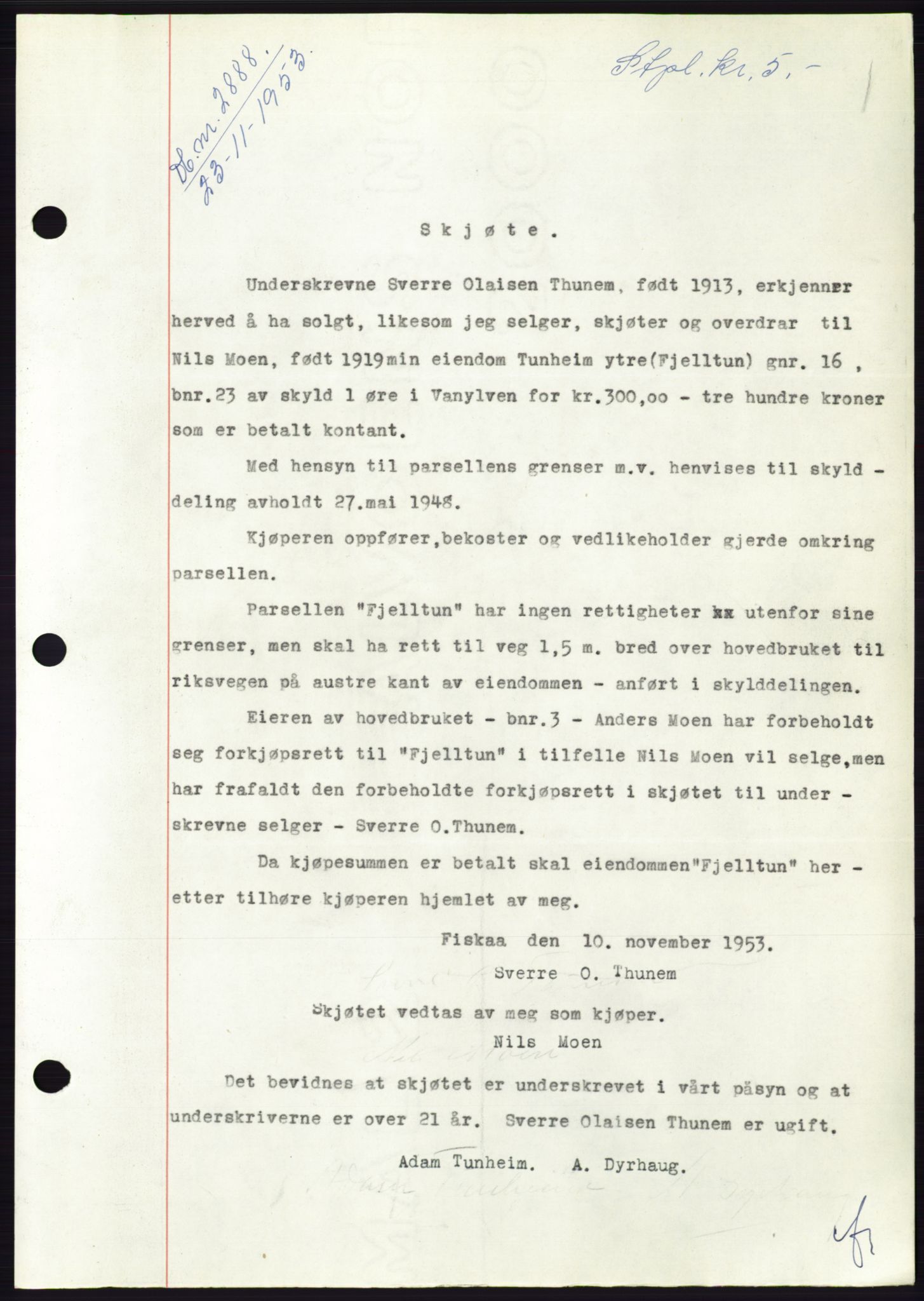 Søre Sunnmøre sorenskriveri, SAT/A-4122/1/2/2C/L0096: Pantebok nr. 22A, 1953-1954, Dagboknr: 2888/1953