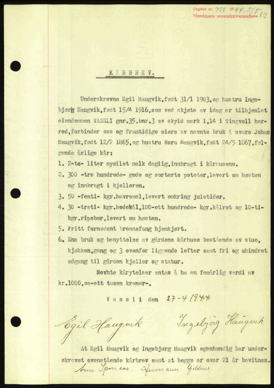 Nordmøre sorenskriveri, AV/SAT-A-4132/1/2/2Ca: Pantebok nr. B91, 1943-1944, Dagboknr: 758/1944