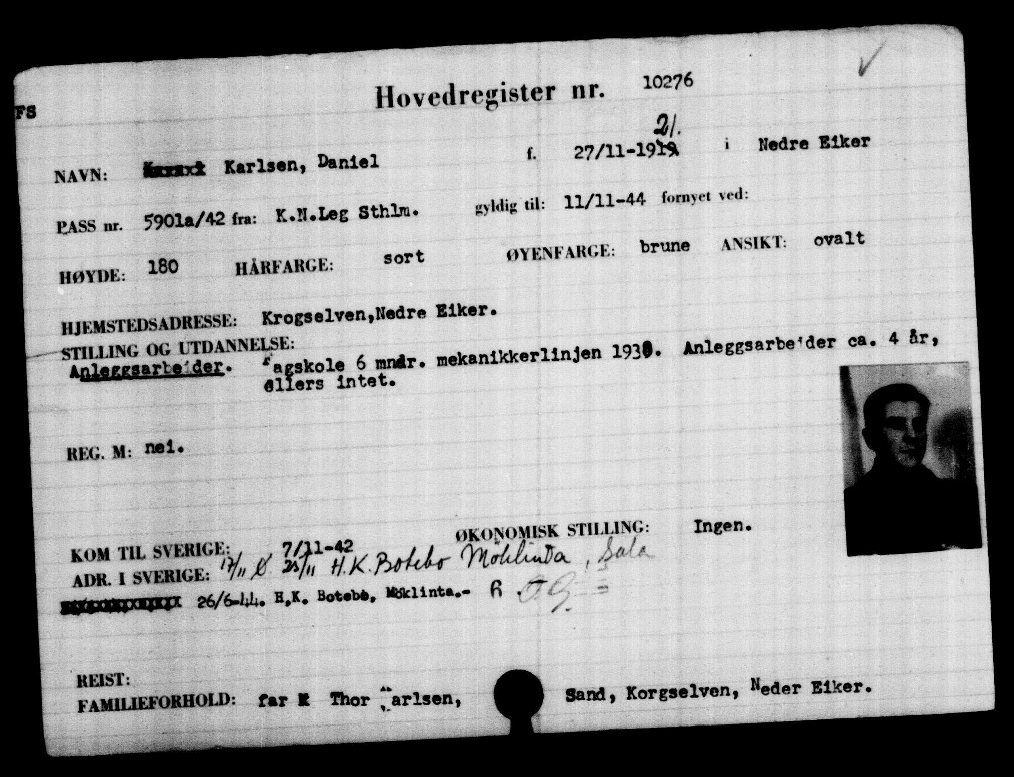 Utenriksstasjonene, Legasjonen i Stockholm, Flyktningkontoret, AV/RA-S-6753/V/Va/L0006: Kjesäterkartoteket, flyktninger med registreringsnr. 9400-12711, 1940-1945, s. 1007