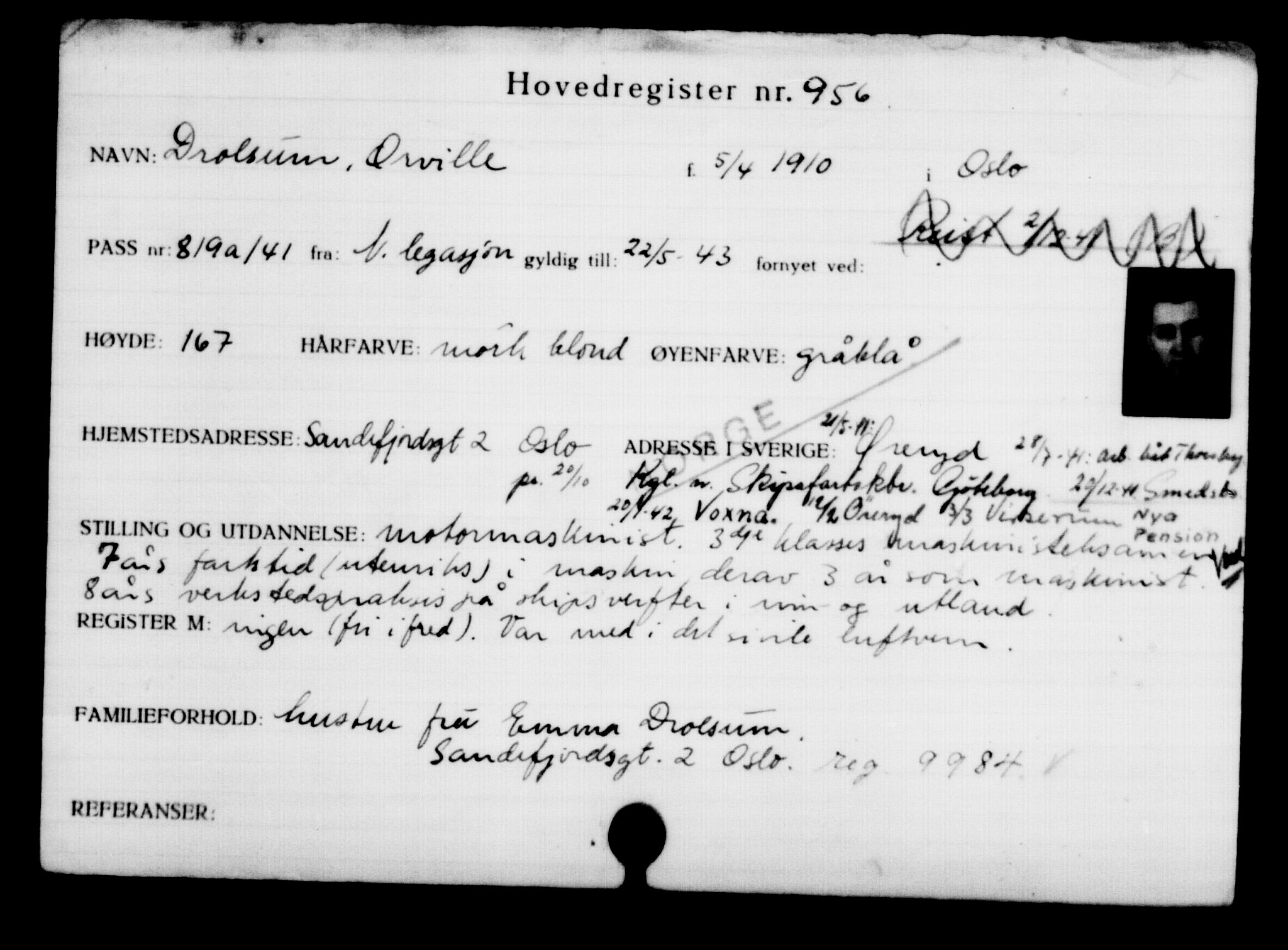 Utenriksstasjonene, Legasjonen i Stockholm, Flyktningkontoret, AV/RA-S-6753/V/Va/L0001: Kjesäterkartoteket, flyktninger med registreringsnr. 1-1000, 1940-1945, s. 1486