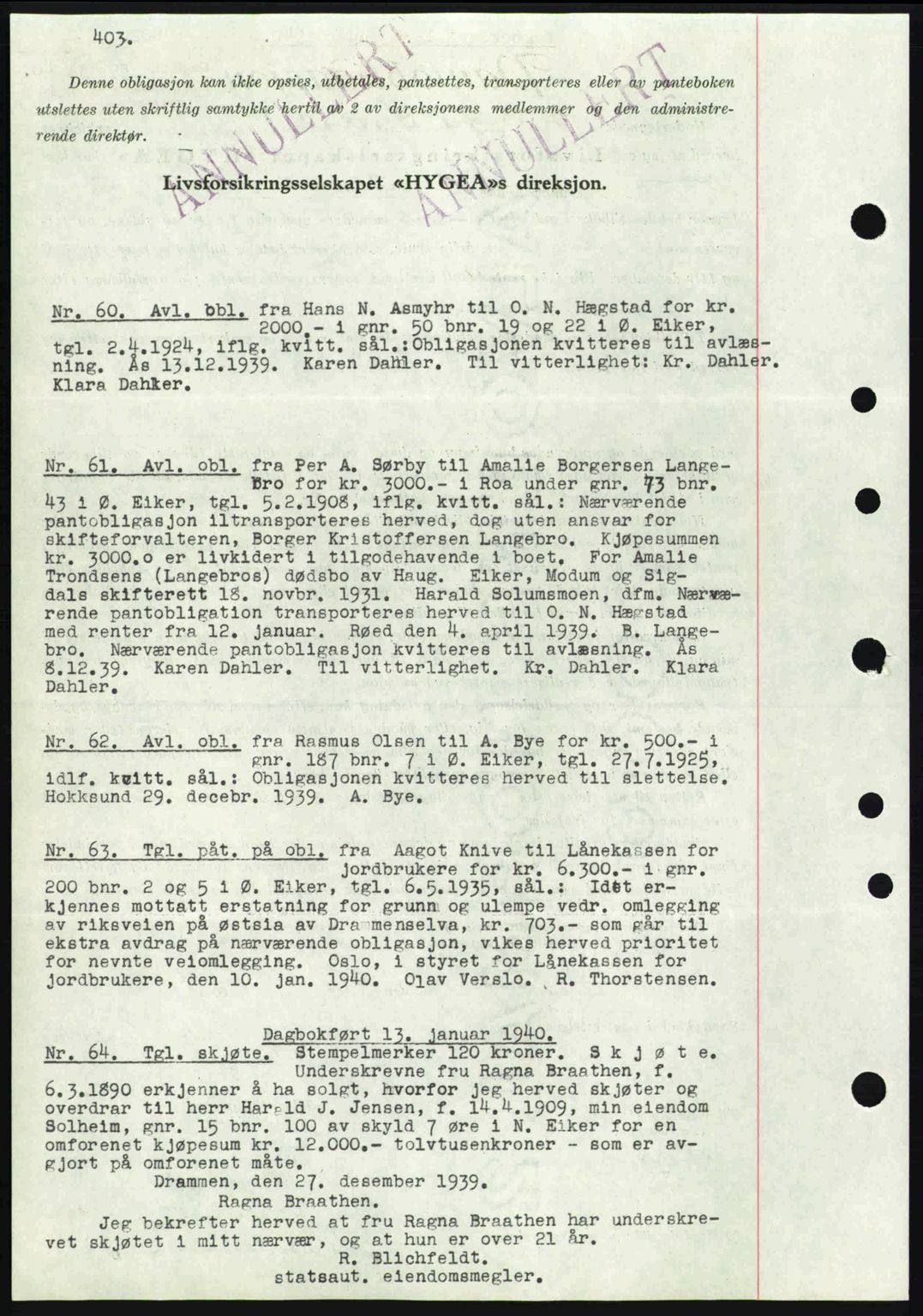 Eiker, Modum og Sigdal sorenskriveri, SAKO/A-123/G/Ga/Gab/L0041: Pantebok nr. A11, 1939-1940, Dagboknr: 60/1940