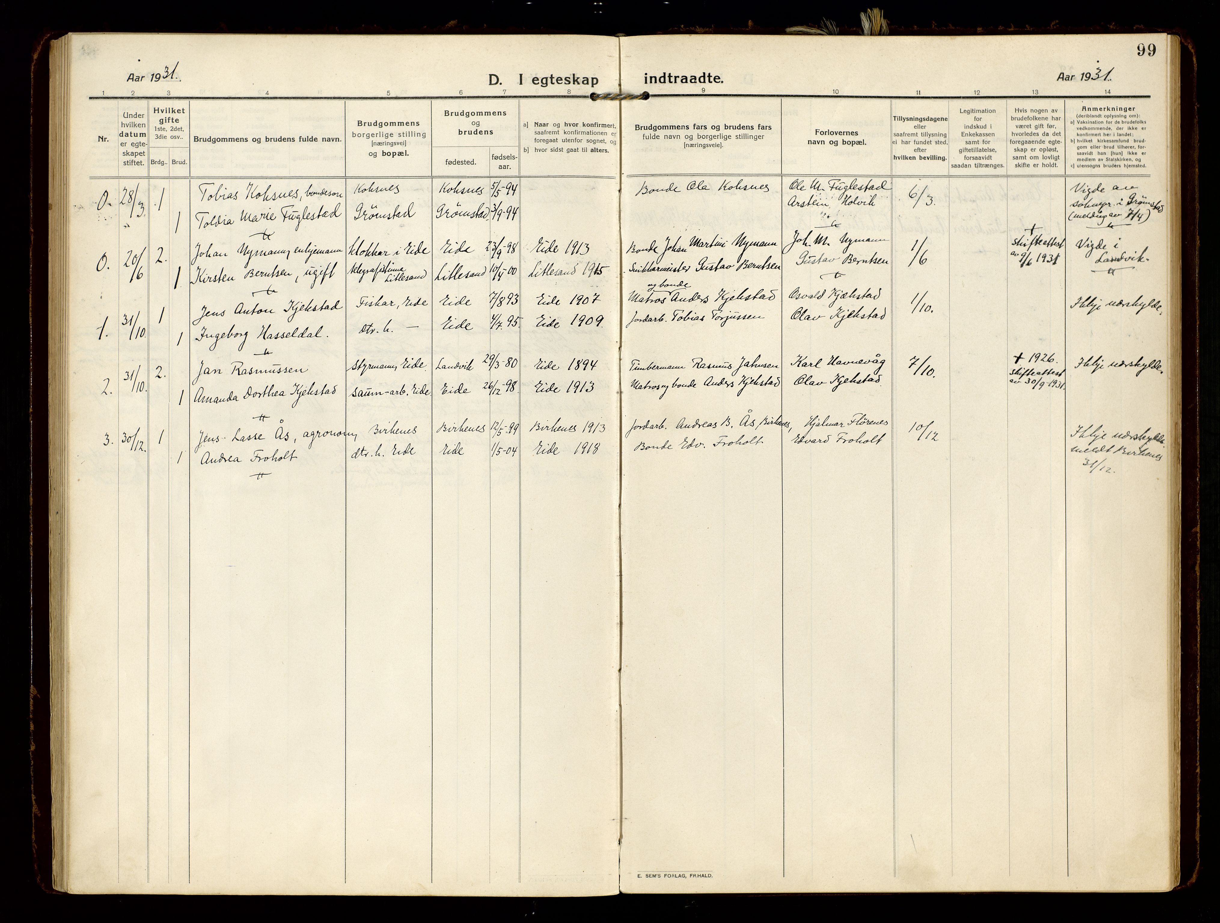 Hommedal sokneprestkontor, AV/SAK-1111-0023/F/Fa/Faa/L0004: Ministerialbok nr. A 4, 1916-1945, s. 99