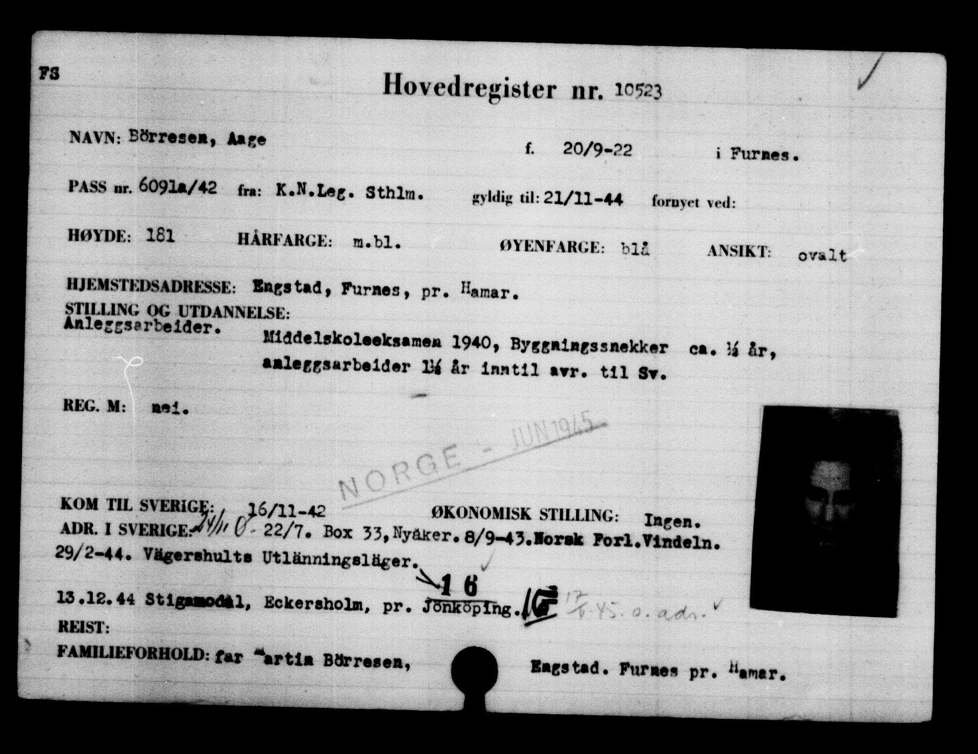 Utenriksstasjonene, Legasjonen i Stockholm, Flyktningkontoret, AV/RA-S-6753/V/Va/L0006: Kjesäterkartoteket, flyktninger med registreringsnr. 9400-12711, 1940-1945, s. 1296