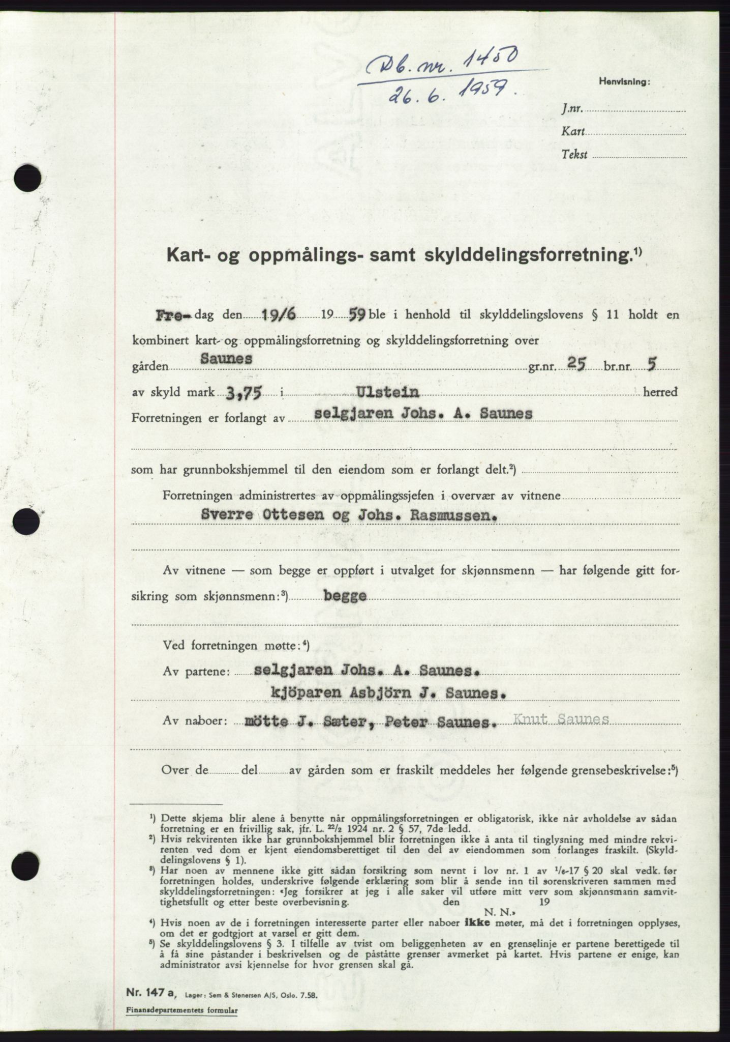 Søre Sunnmøre sorenskriveri, SAT/A-4122/1/2/2C/L0112: Pantebok nr. 38A, 1959-1959, Dagboknr: 1450/1959