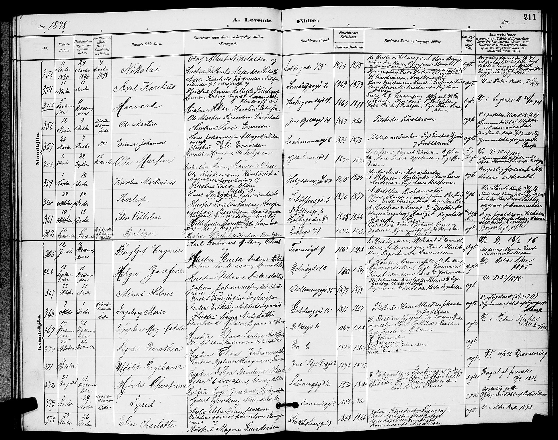 Petrus prestekontor Kirkebøker, AV/SAO-A-10872/G/Ga/L0002: Klokkerbok nr. 2, 1888-1899, s. 211