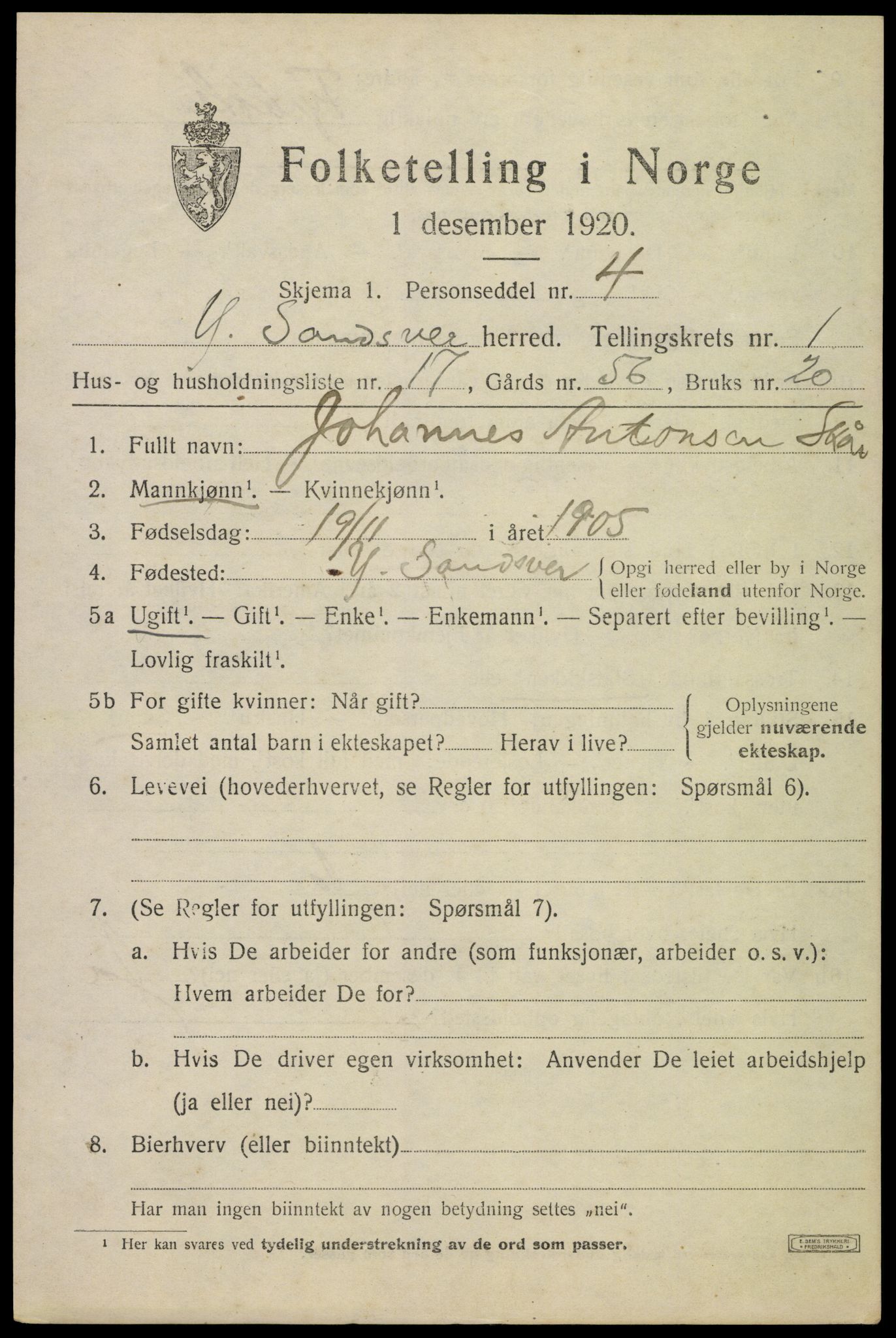 SAKO, Folketelling 1920 for 0629 Ytre Sandsvær herred, 1920, s. 1338