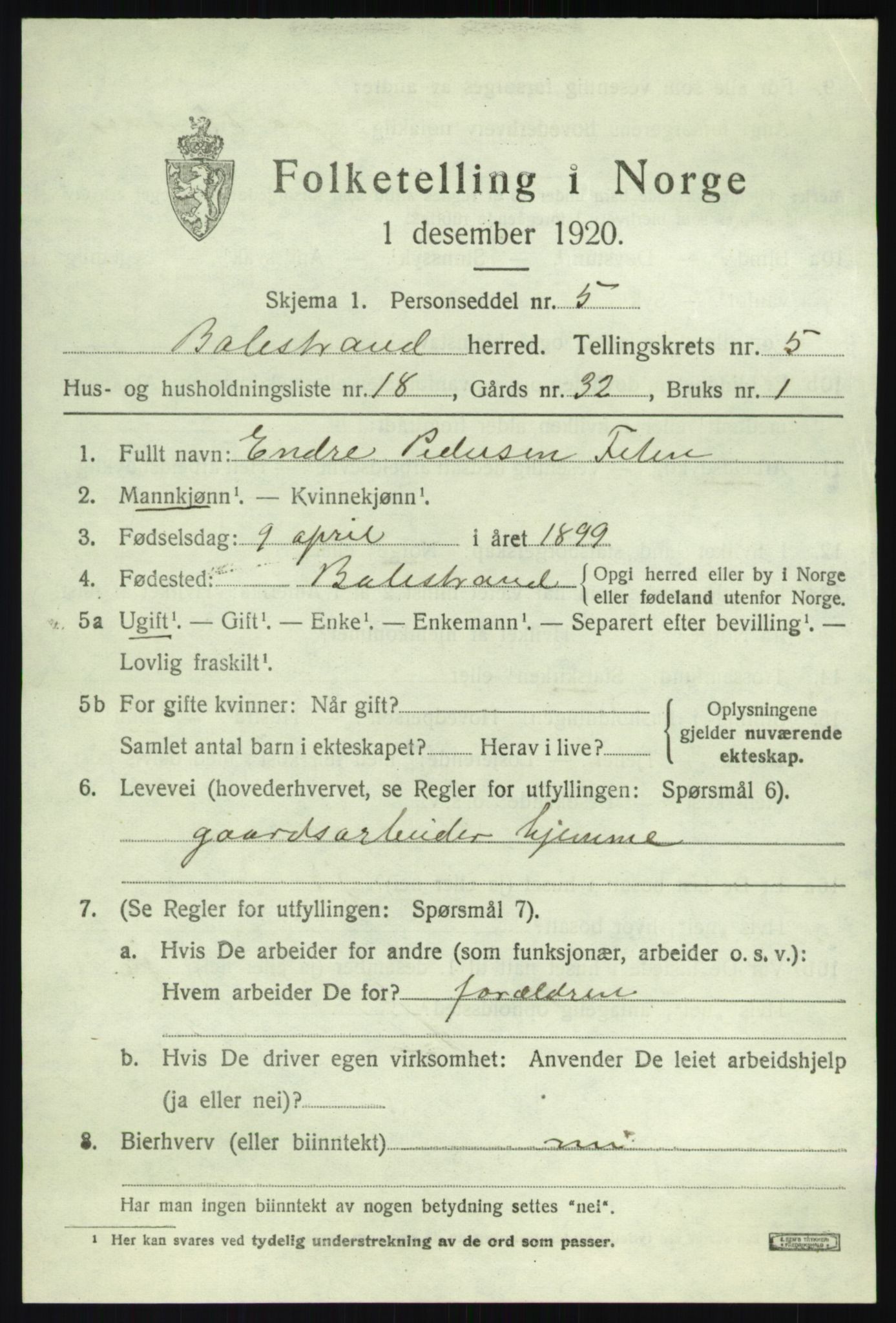SAB, Folketelling 1920 for 1418 Balestrand herred, 1920, s. 2706