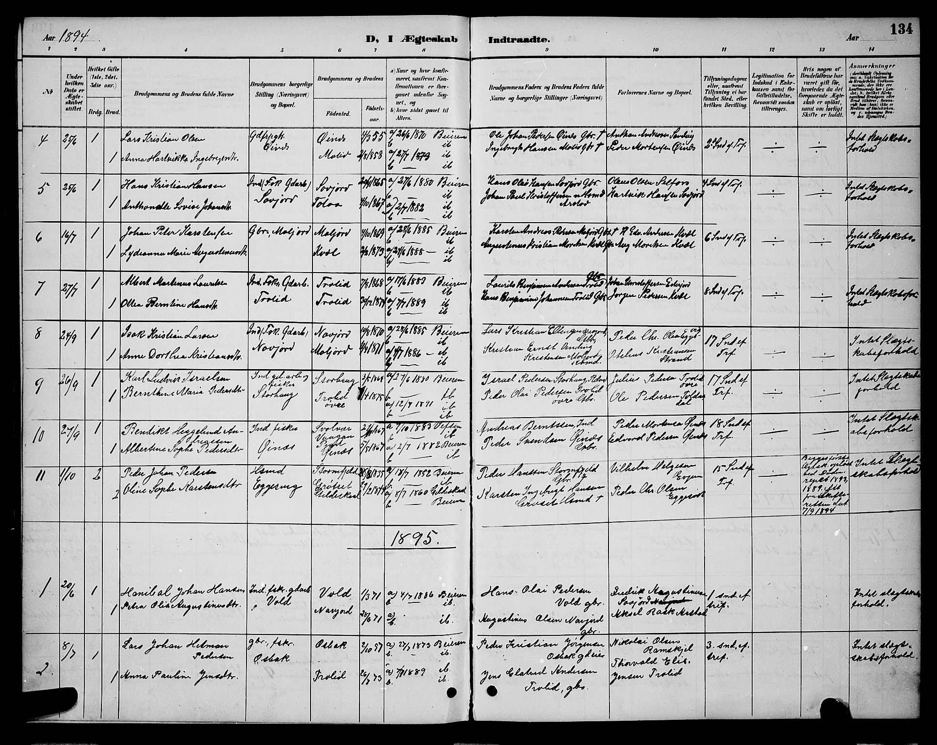 Ministerialprotokoller, klokkerbøker og fødselsregistre - Nordland, AV/SAT-A-1459/846/L0654: Klokkerbok nr. 846C04, 1887-1901, s. 134