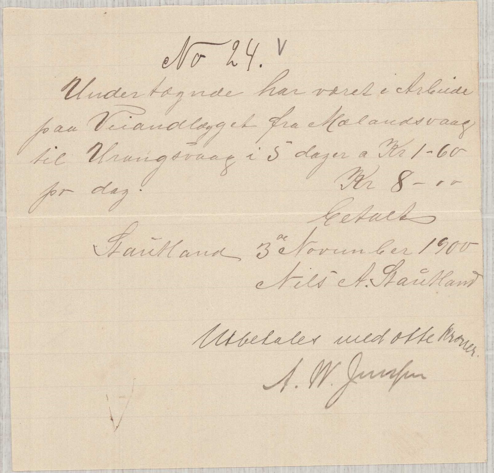 Finnaas kommune. Formannskapet, IKAH/1218a-021/E/Ea/L0002/0001: Rekneskap for veganlegg / Rekneskap for veganlegget Urangsvåg - Mælandsvåg, 1898-1900, s. 167