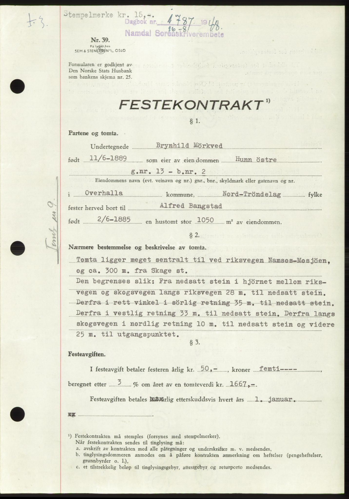 Namdal sorenskriveri, SAT/A-4133/1/2/2C: Pantebok nr. -, 1948-1948, Dagboknr: 1787/1948