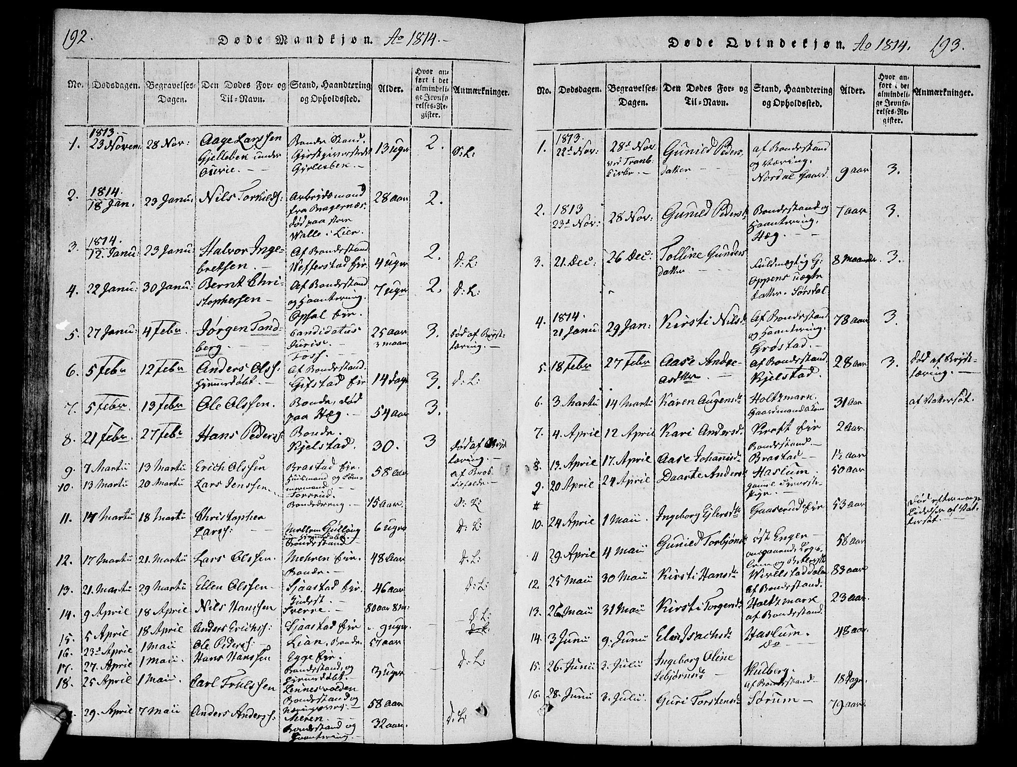 Lier kirkebøker, AV/SAKO-A-230/F/Fa/L0008: Ministerialbok nr. I 8, 1813-1825, s. 192-193