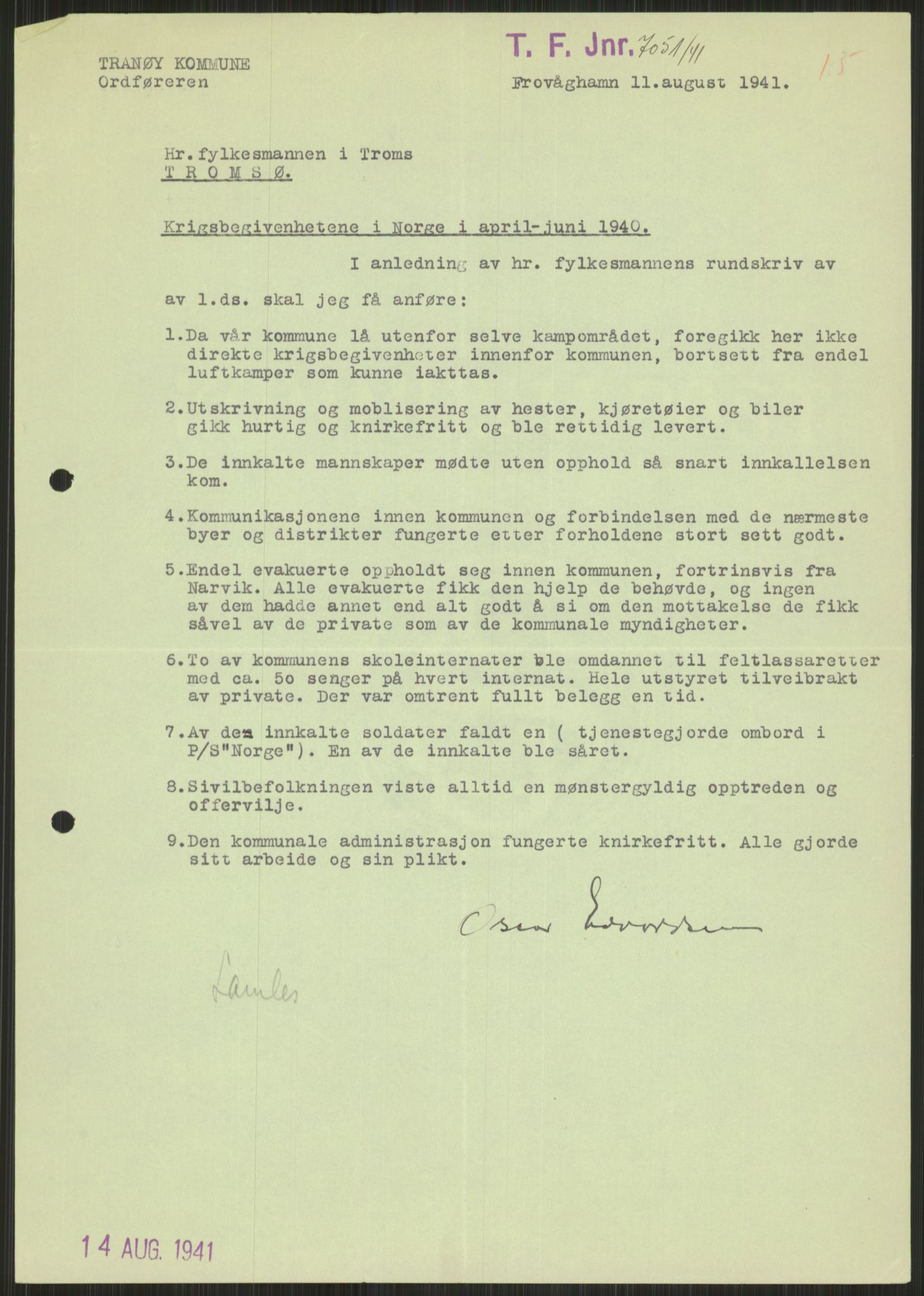 Forsvaret, Forsvarets krigshistoriske avdeling, AV/RA-RAFA-2017/Y/Ya/L0017: II-C-11-31 - Fylkesmenn.  Rapporter om krigsbegivenhetene 1940., 1940, s. 646