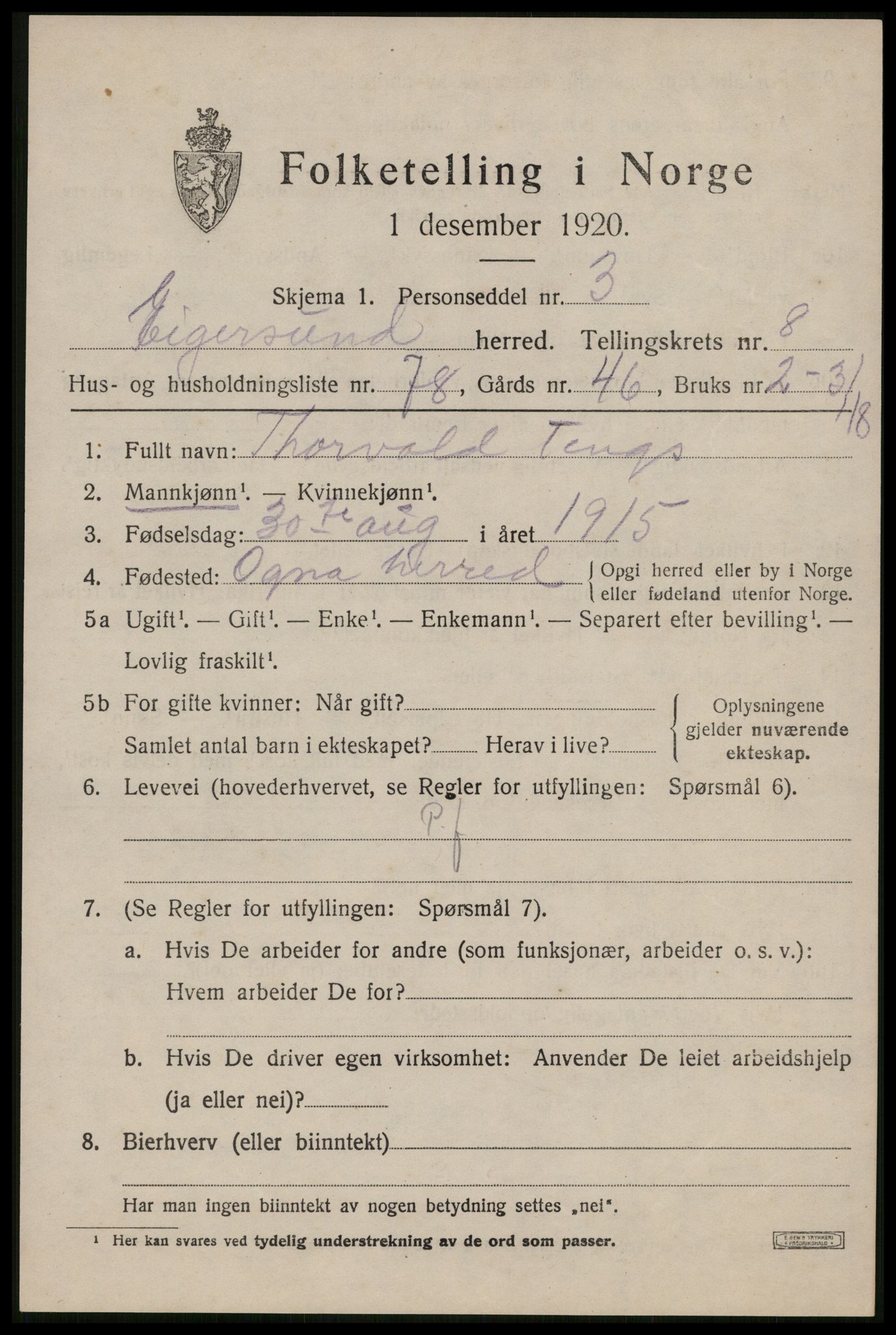 SAST, Folketelling 1920 for 1116 Eigersund herred, 1920, s. 5801