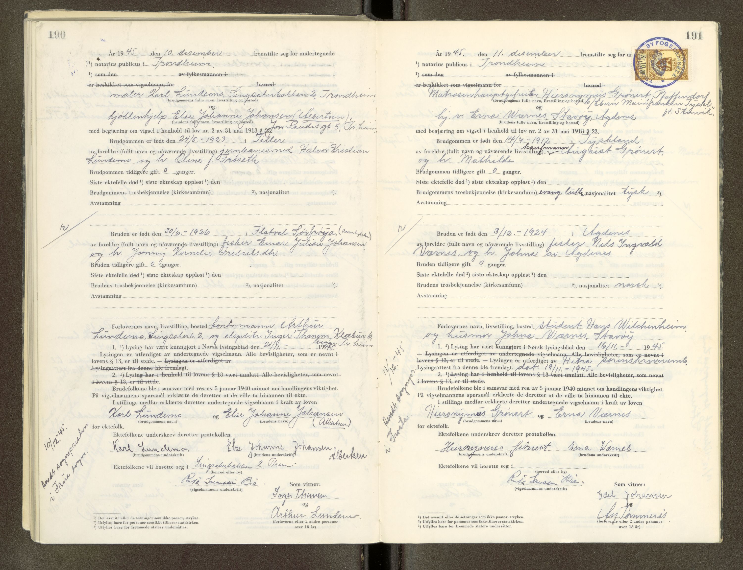 Trondheim byfogd, AV/SAT-A-0003/1/6/6D/L0005: Vigselbøker, 1944-1948, s. 190-191