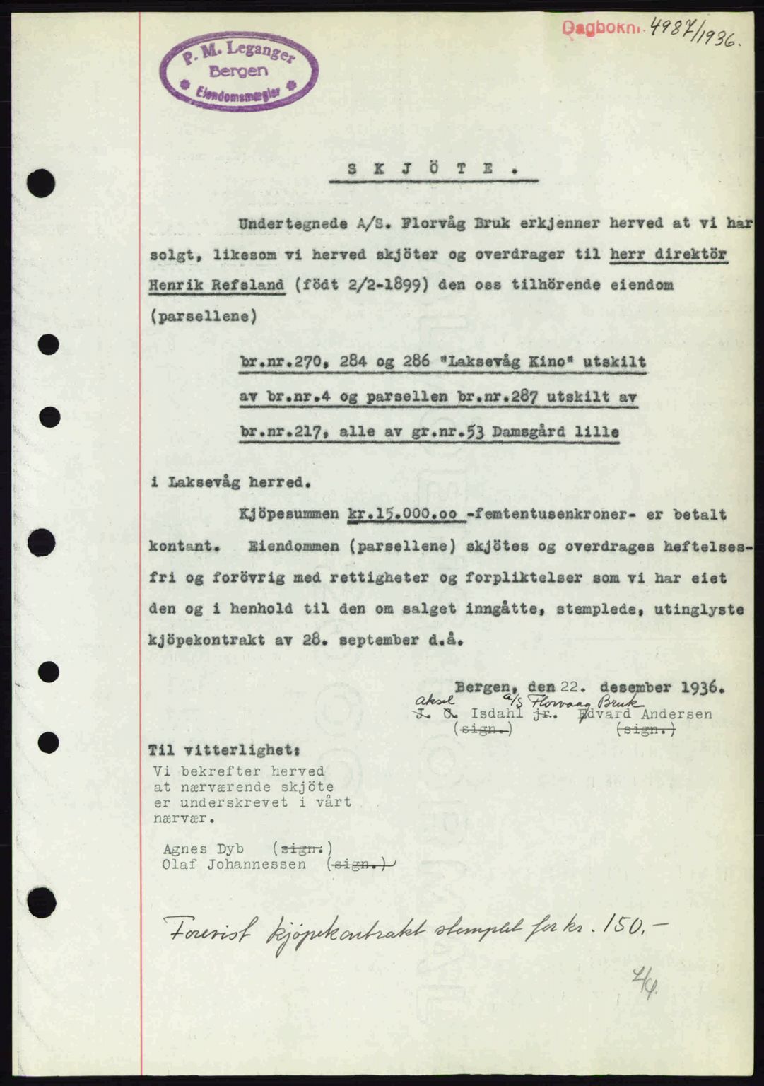 Midhordland sorenskriveri, SAB/A-3001/1/G/Gb/Gbk/L0001: Pantebok nr. A1-6, 1936-1937, Dagboknr: 4987/1936