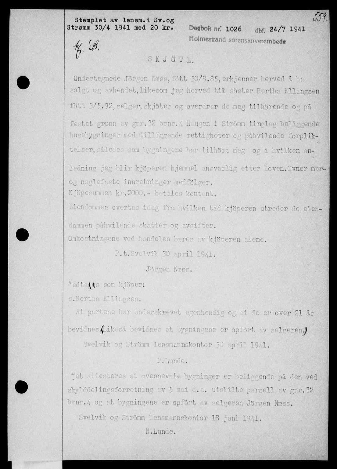 Holmestrand sorenskriveri, SAKO/A-67/G/Ga/Gaa/L0053: Pantebok nr. A-53, 1941-1941, Dagboknr: 1026/1941