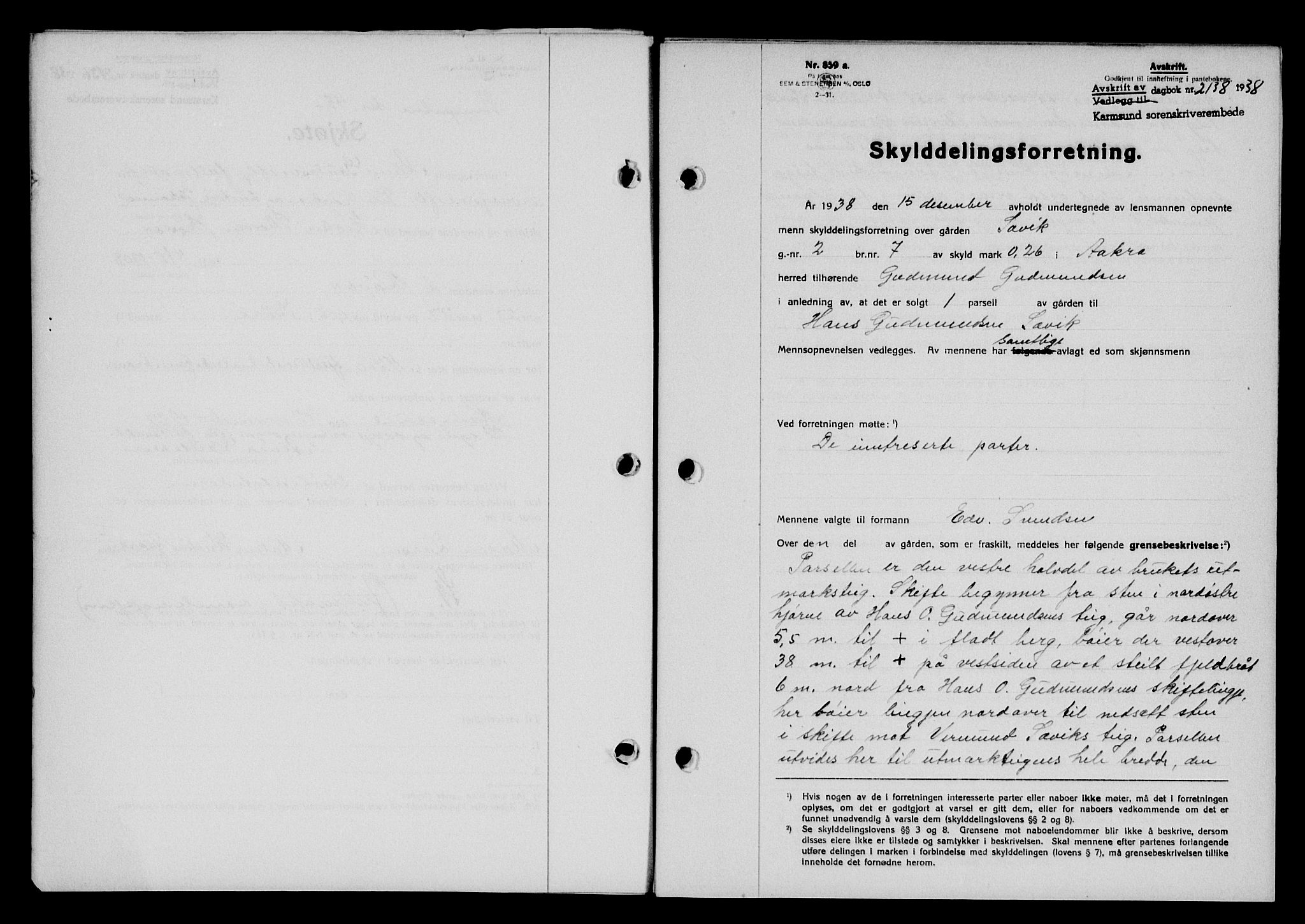 Karmsund sorenskriveri, SAST/A-100311/01/II/IIB/L0070: Pantebok nr. 51A, 1938-1939, Dagboknr: 2138/1938