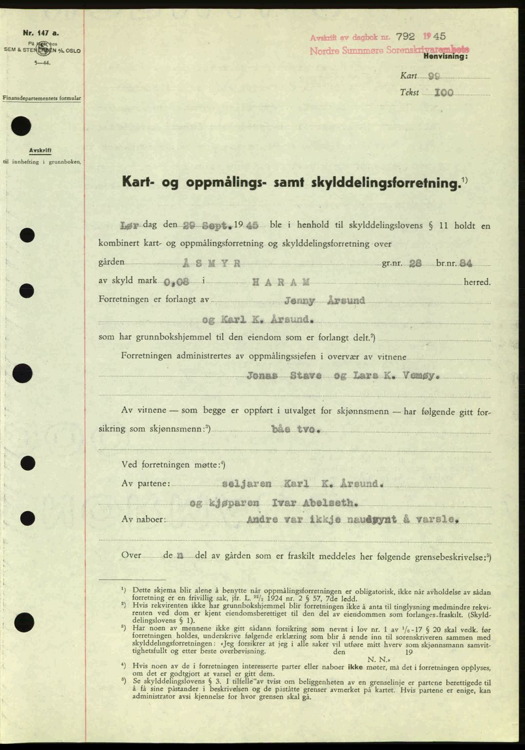 Nordre Sunnmøre sorenskriveri, AV/SAT-A-0006/1/2/2C/2Ca: Pantebok nr. A20a, 1945-1945, Dagboknr: 792/1945