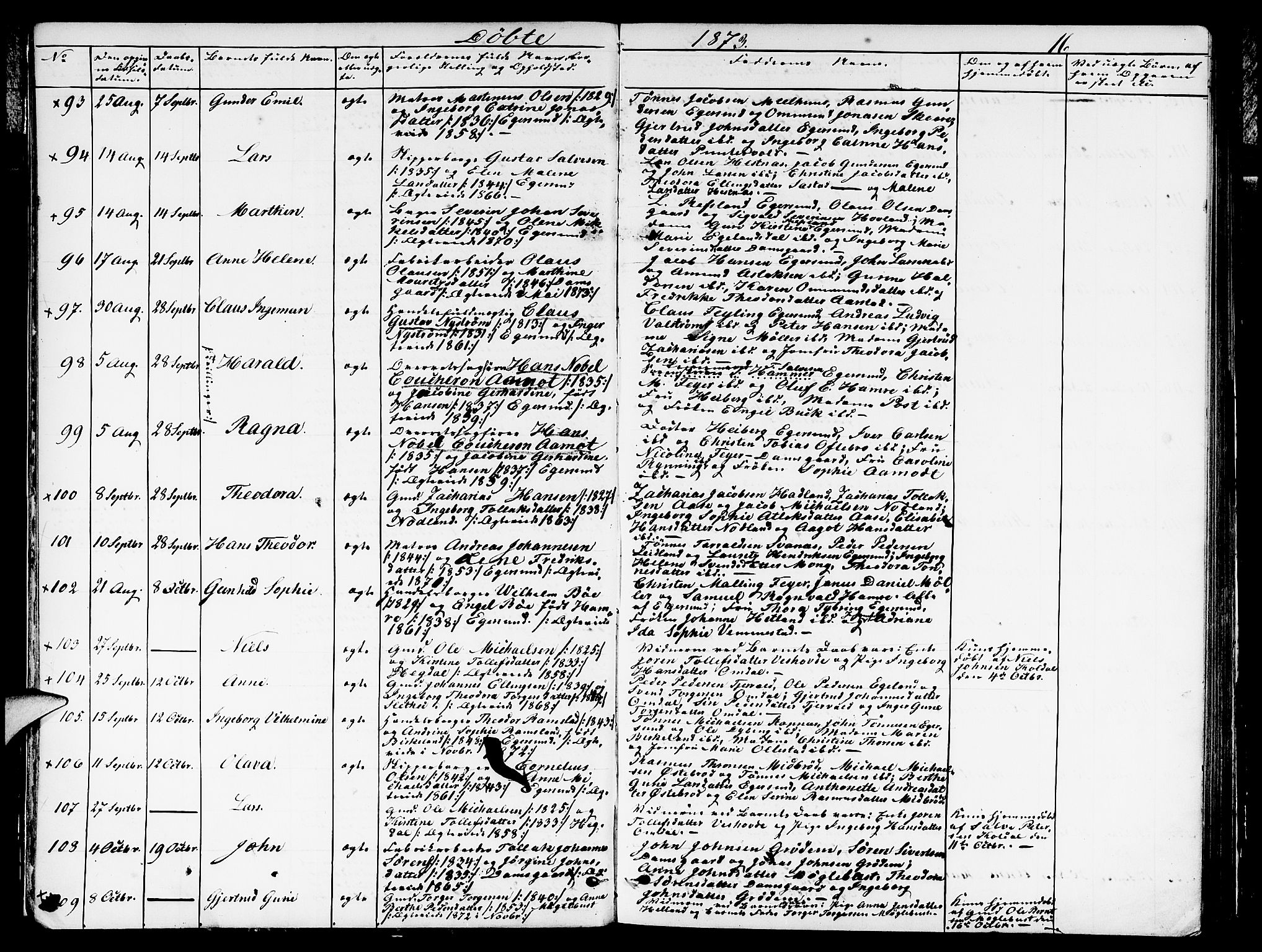 Eigersund sokneprestkontor, AV/SAST-A-101807/S09/L0005: Klokkerbok nr. B 5, 1872-1881, s. 16