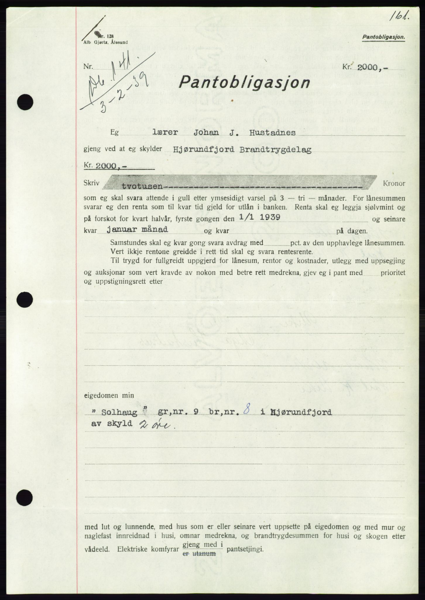 Søre Sunnmøre sorenskriveri, AV/SAT-A-4122/1/2/2C/L0067: Pantebok nr. 61, 1938-1939, Dagboknr: 141/1939