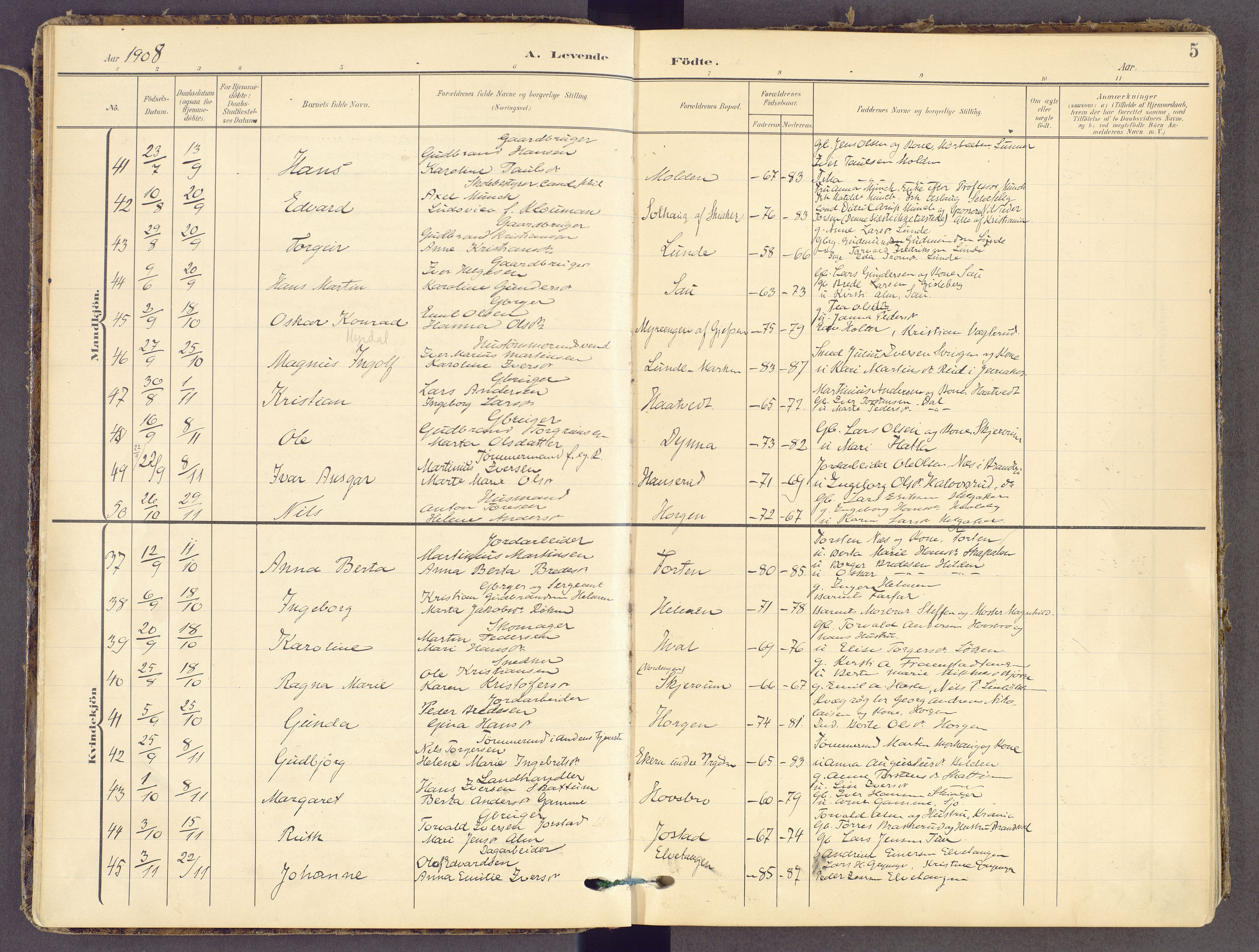 Gran prestekontor, AV/SAH-PREST-112/H/Ha/Haa/L0021: Ministerialbok nr. 21, 1908-1932, s. 5
