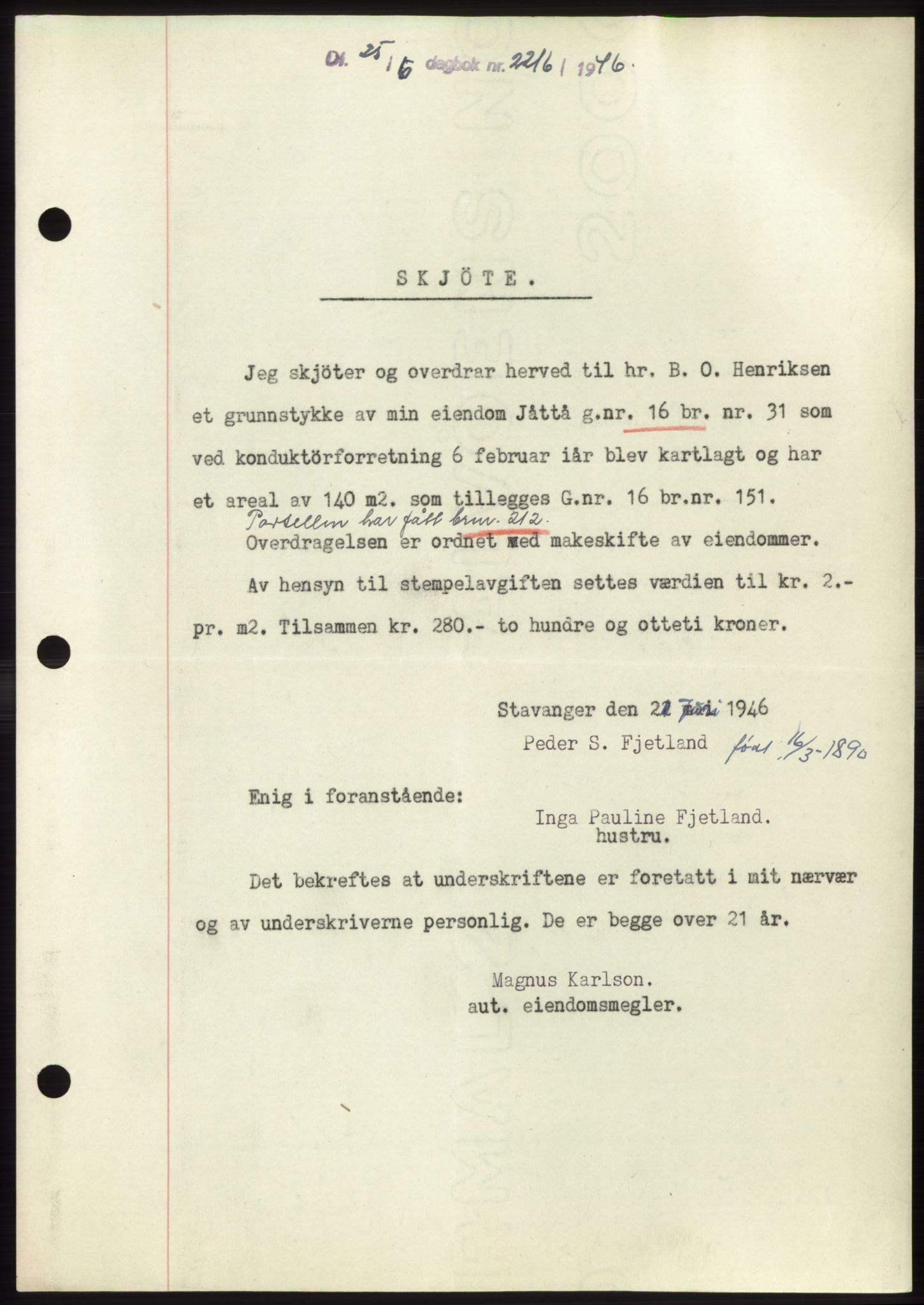 Jæren sorenskriveri, SAST/A-100310/03/G/Gba/L0090: Pantebok, 1946-1946, Dagboknr: 2216/1946