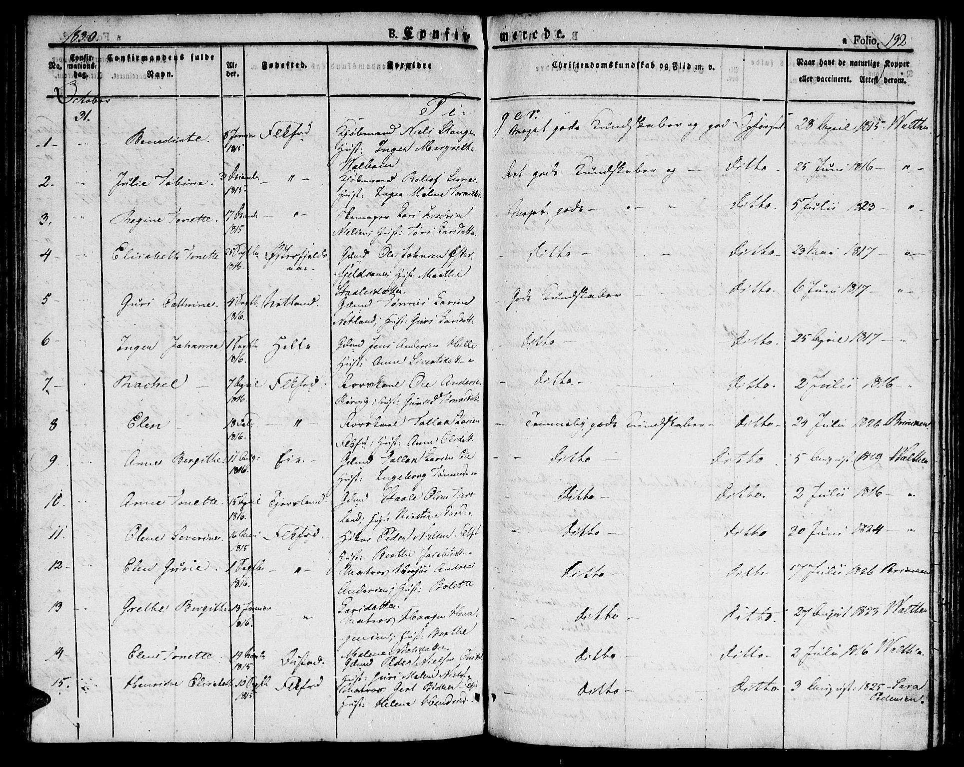 Flekkefjord sokneprestkontor, AV/SAK-1111-0012/F/Fb/Fbc/L0004: Klokkerbok nr. B 4, 1827-1846, s. 192