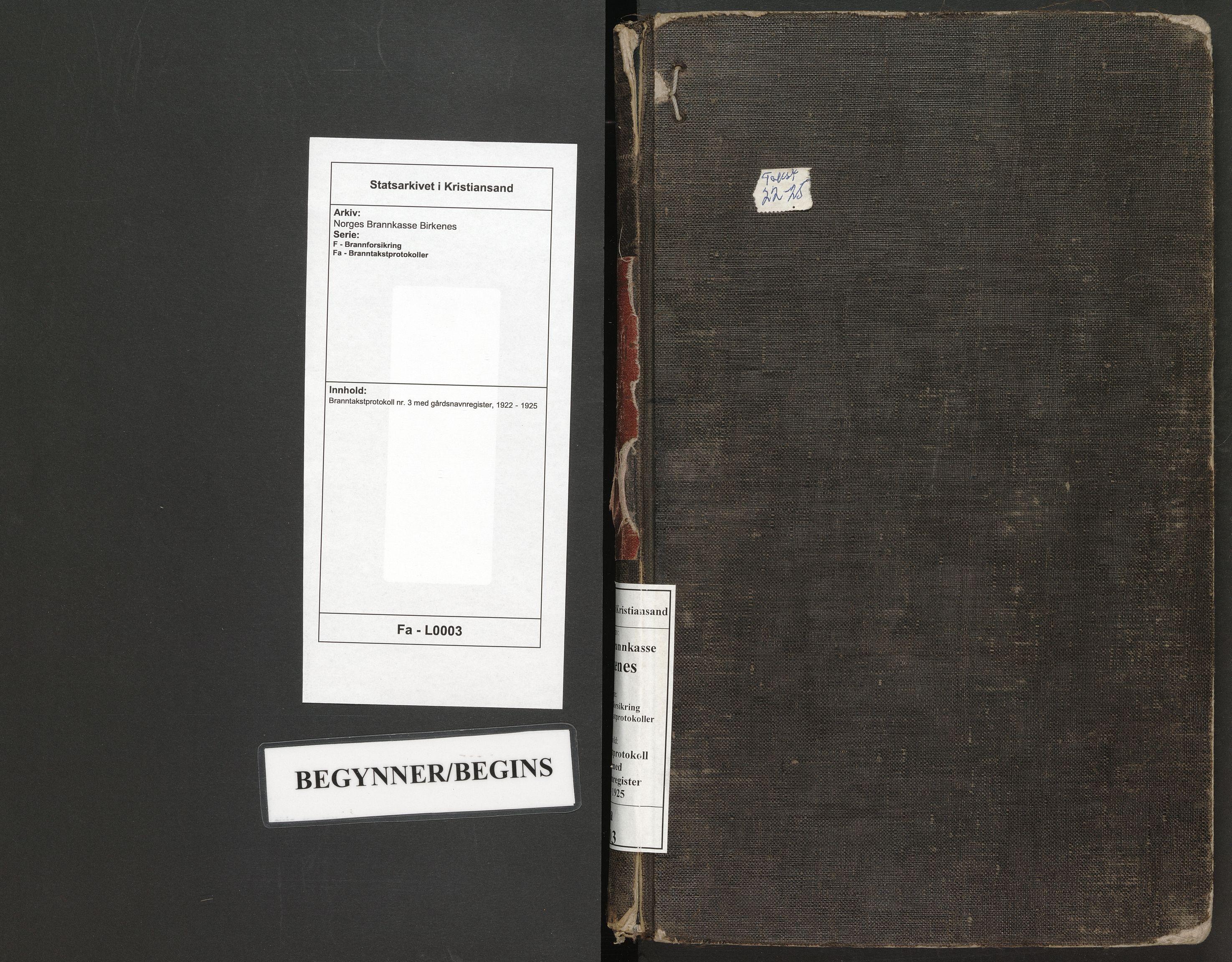 Norges Brannkasse Birkenes, SAK/2241-0005/F/Fa/L0003: Branntakstprotokoll nr. 3 med gårdsnavnregister, 1922-1925