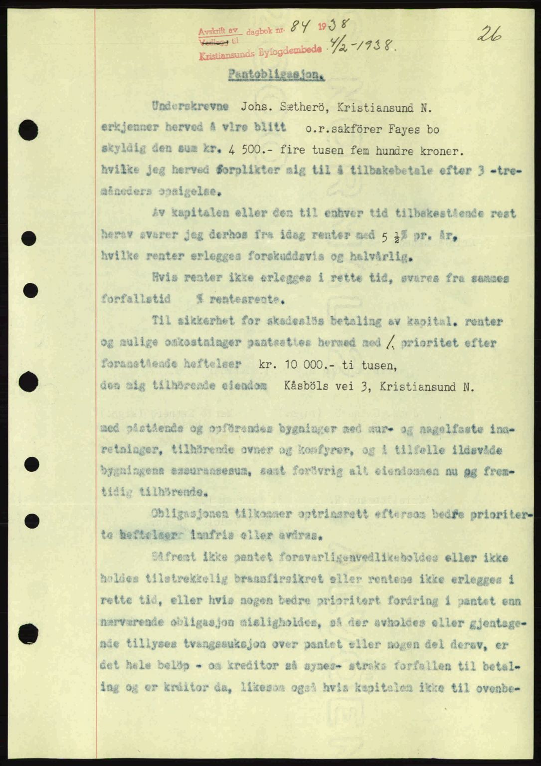 Kristiansund byfogd, AV/SAT-A-4587/A/27: Pantebok nr. 31, 1938-1939, Dagboknr: 84/1938