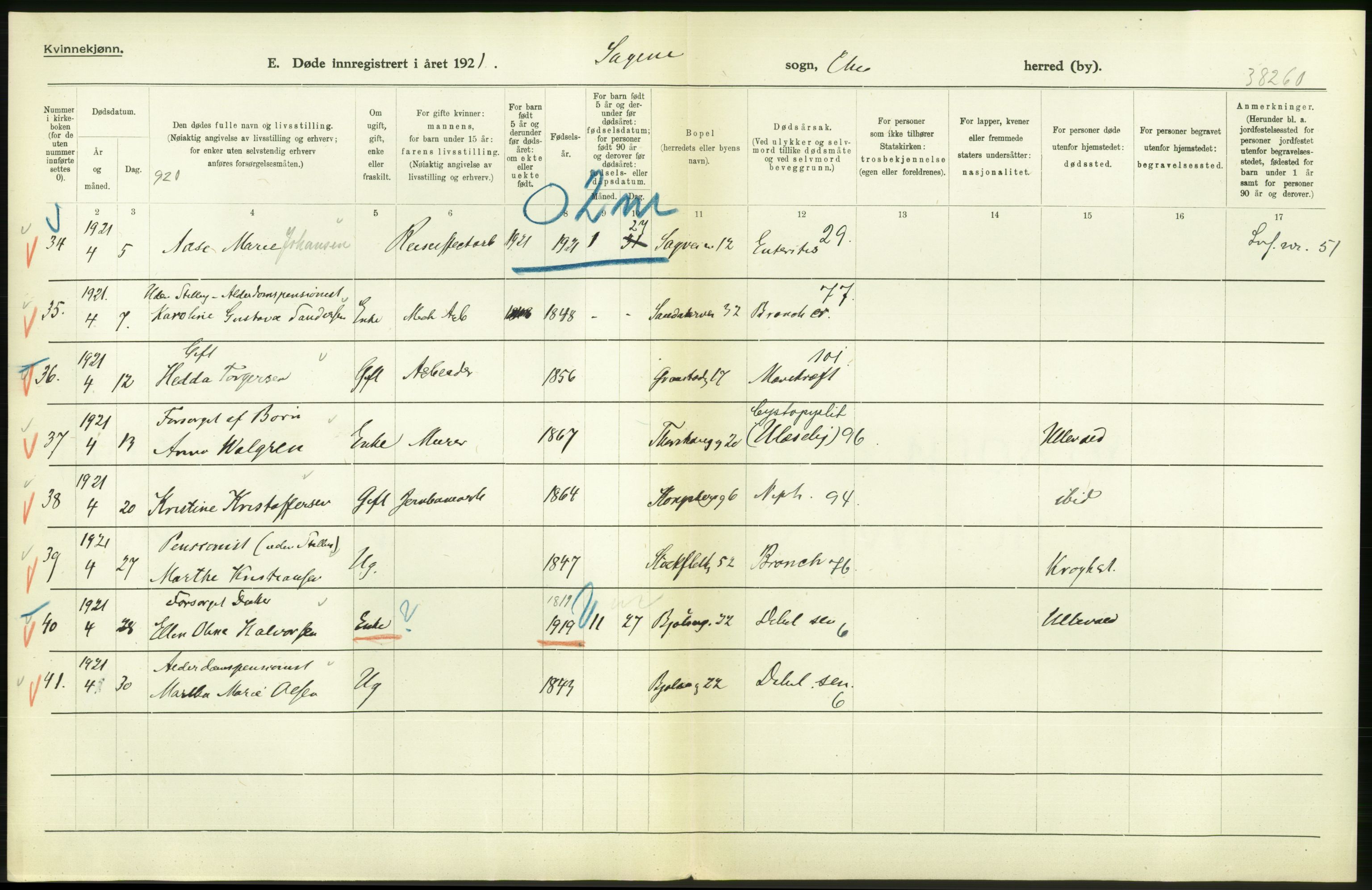 Statistisk sentralbyrå, Sosiodemografiske emner, Befolkning, AV/RA-S-2228/D/Df/Dfc/Dfca/L0013: Kristiania: Døde, dødfødte, 1921, s. 50