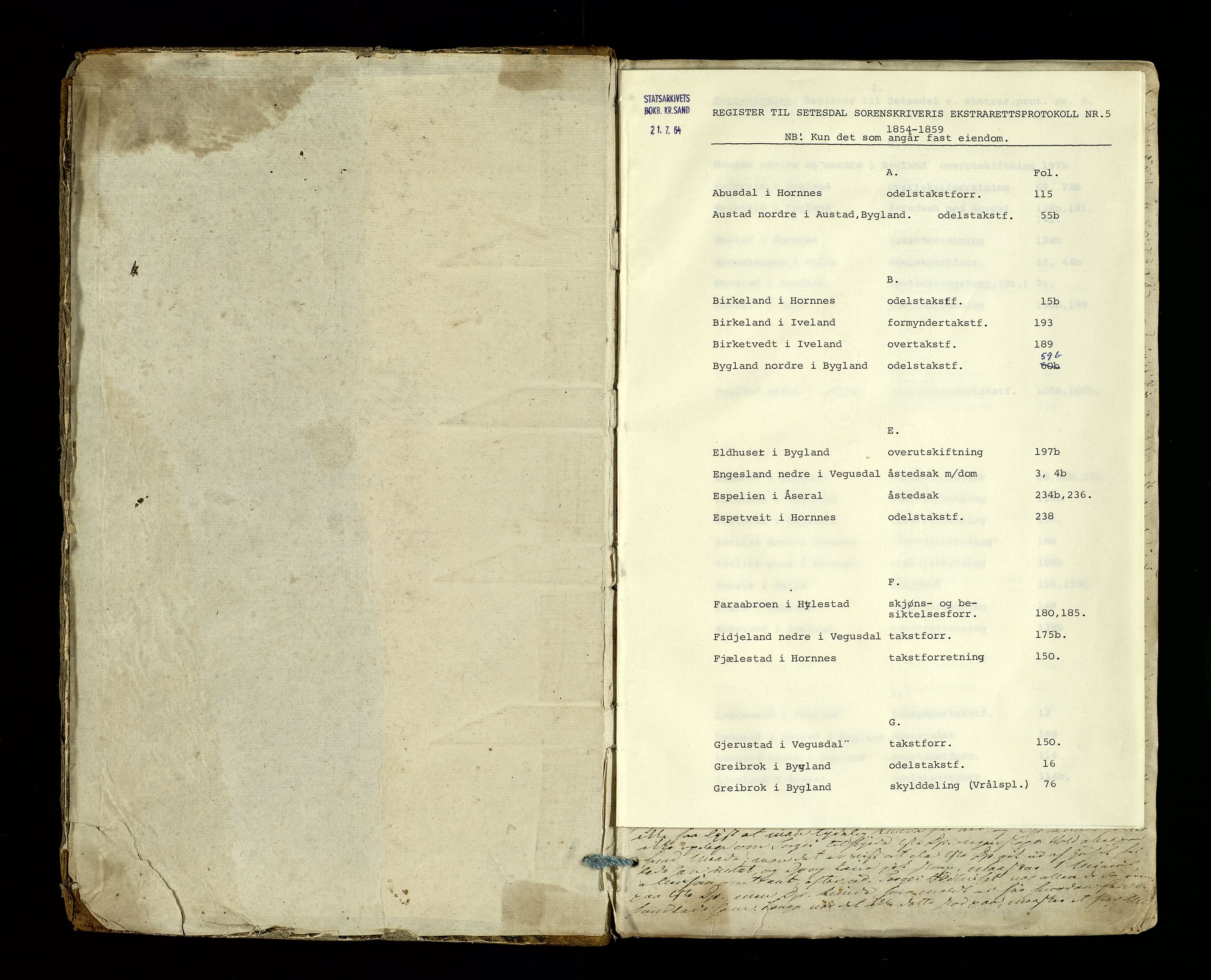 Setesdal sorenskriveri, SAK/1221-0011/F/Fb/L0005: Ekstrarettsprotokoll nr. 5, 1854-1859