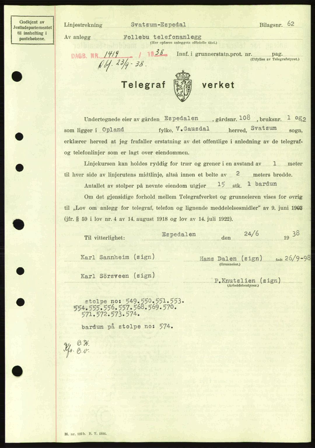 Sør-Gudbrandsdal tingrett, SAH/TING-004/H/Hb/Hbd/L0005: Pantebok nr. A5, 1938-1939, Dagboknr: 1419/1938